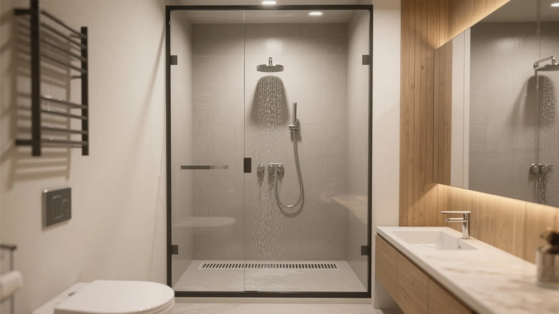 Modern bathroom with glass shower door wooden wall panels white sink cabinet and wall light