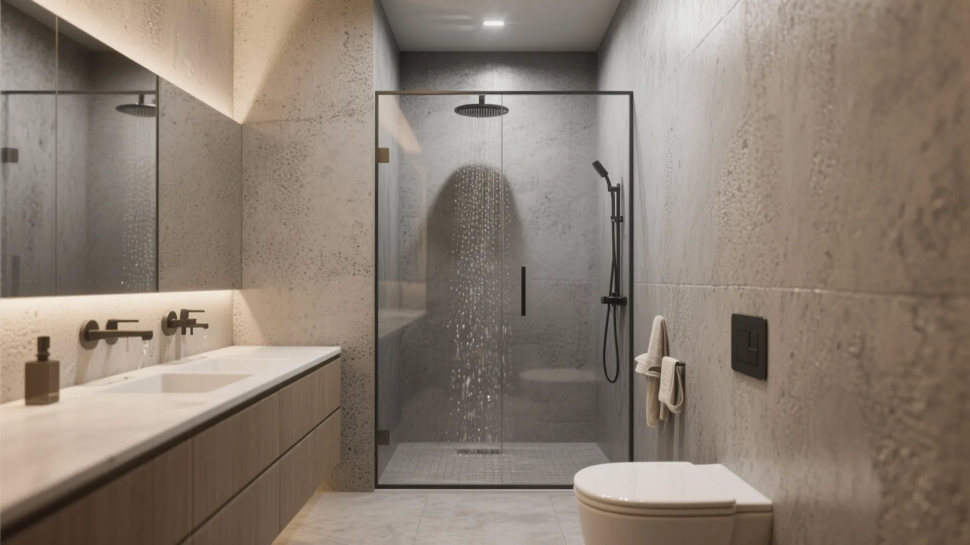 Modern bathroom featuring glass shower, grey textured walls, wooden cabinet, white toilet, and ceiling light