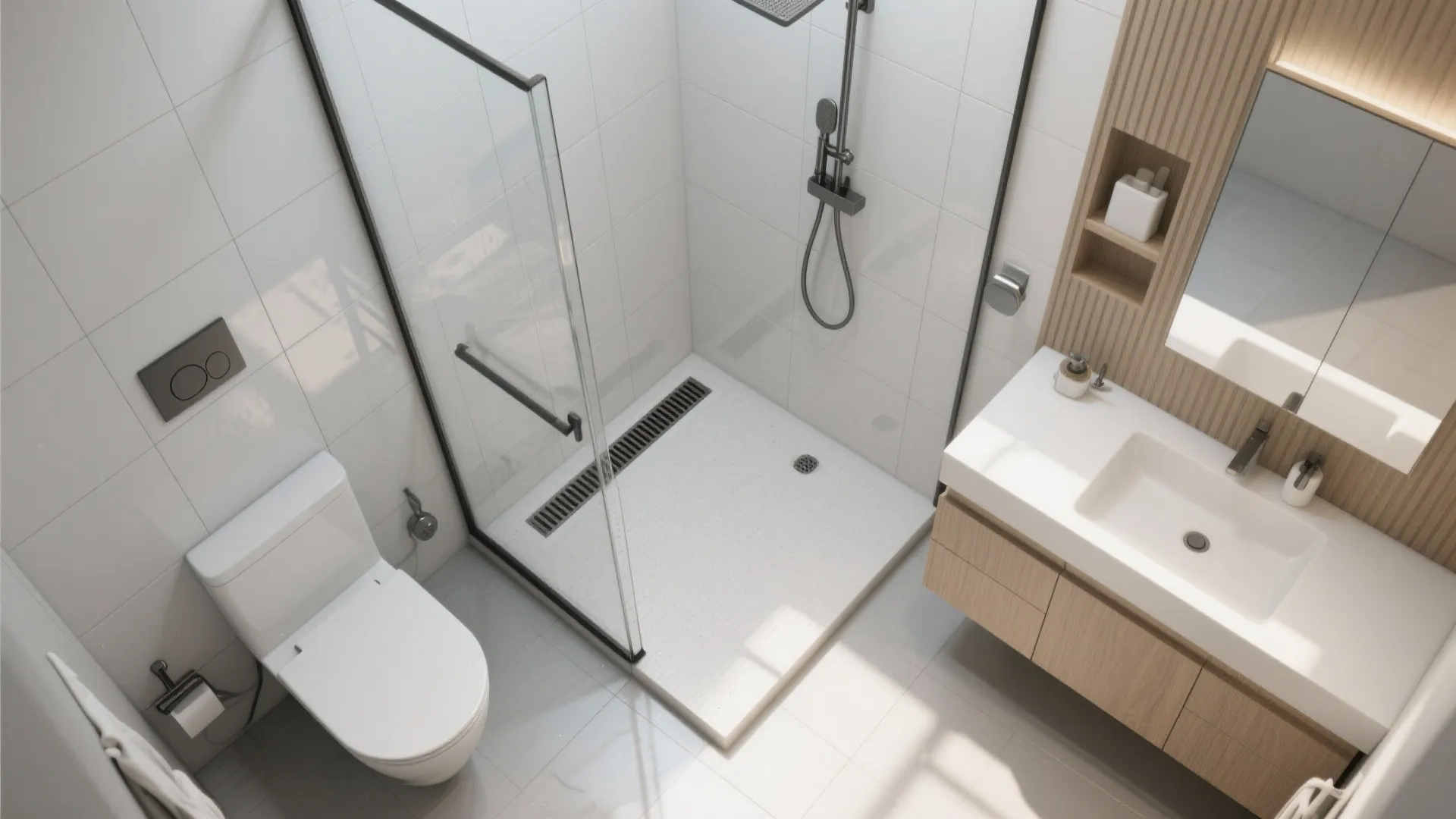 Top view of modern bathroom featuring white toilet glass shower stall wooden cabinet and white sink