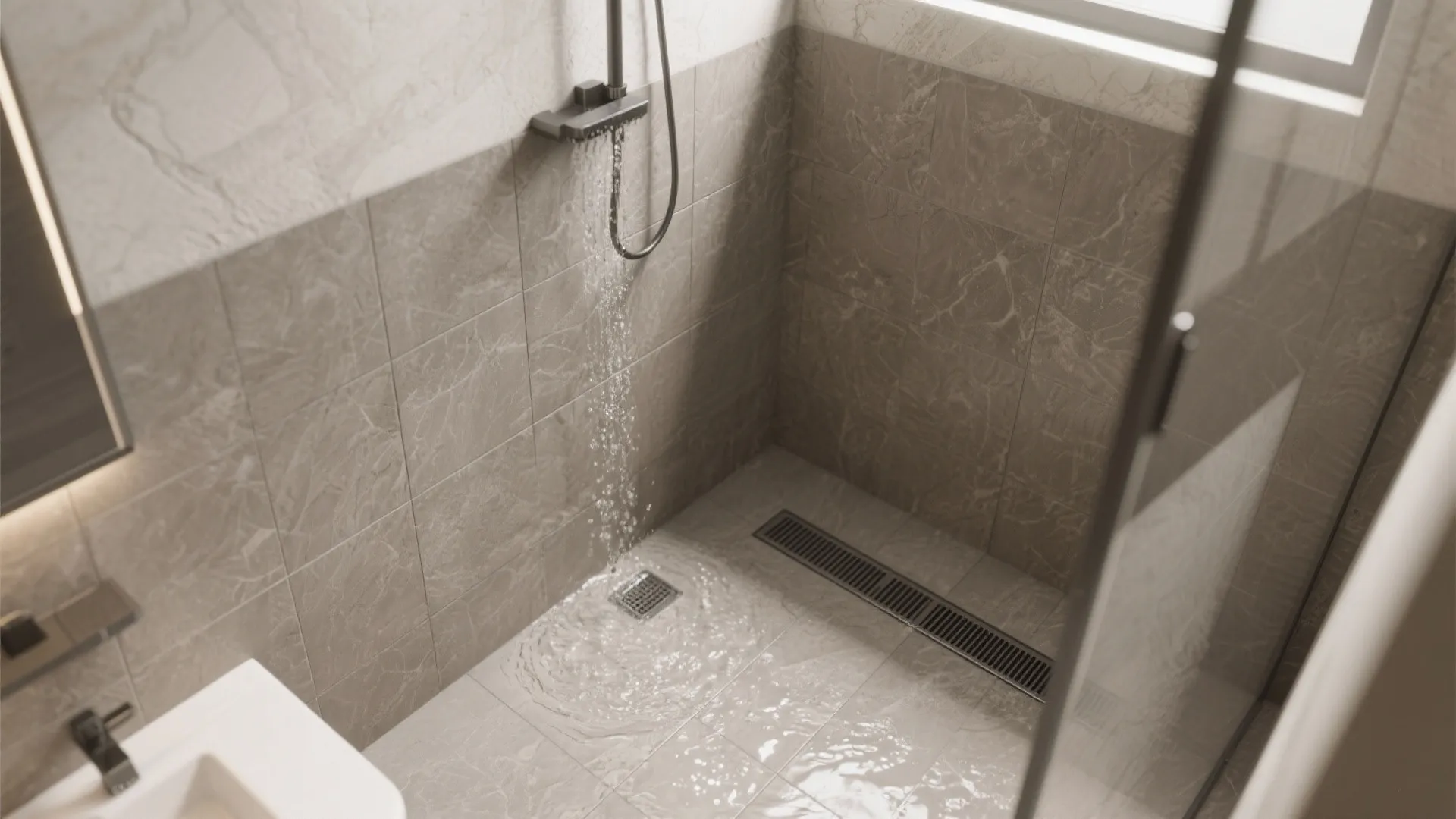 Seamless wet-room feel with continuous floor-to-wall tiling