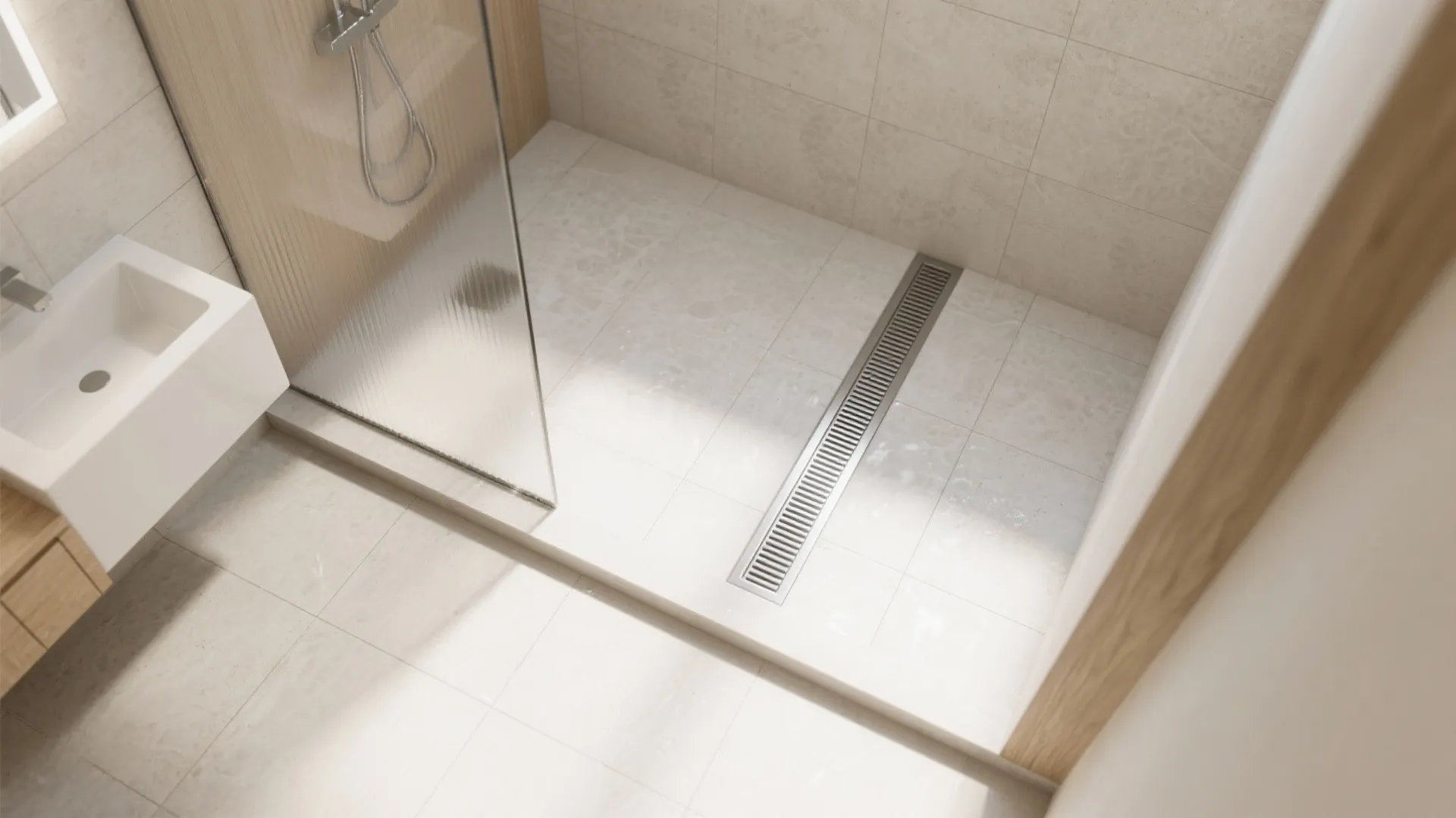 Wet Room Layout with Linear Drain: One Continuous Plane