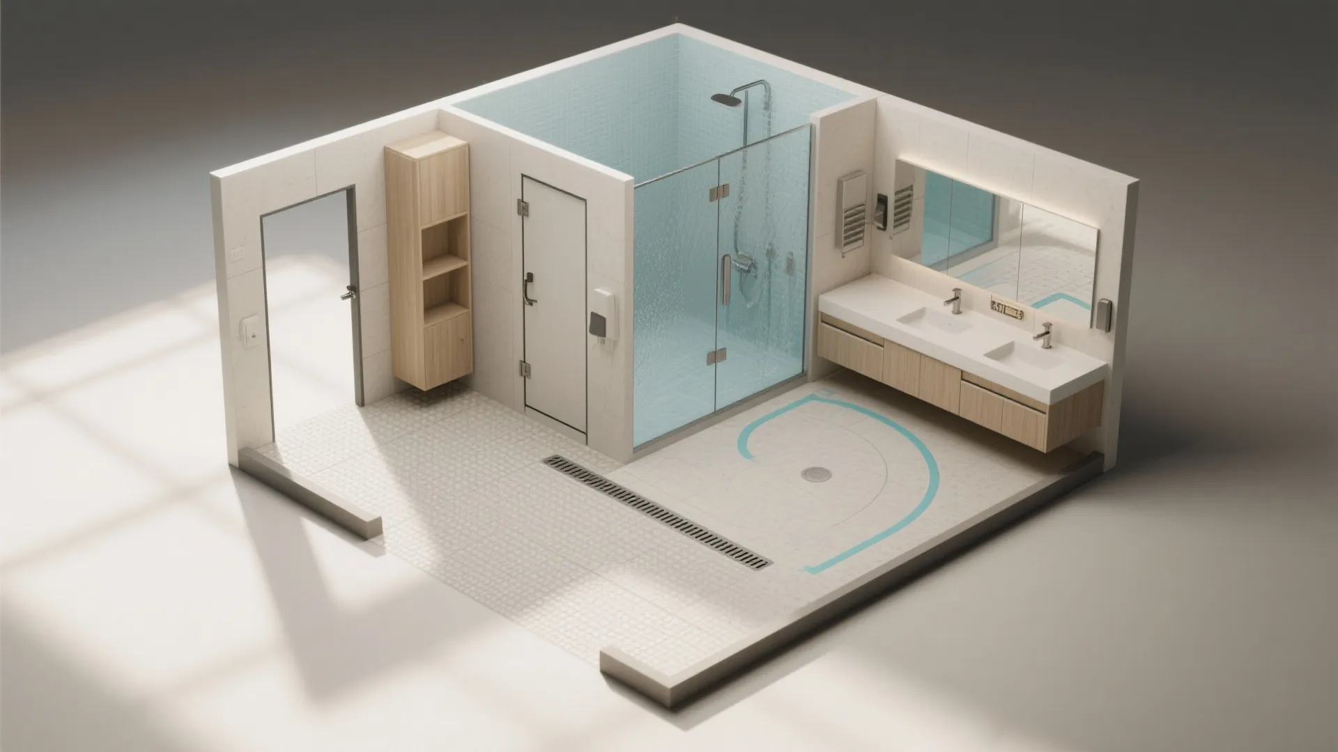 3. Accessible wet room with pocket doors and shifting storage