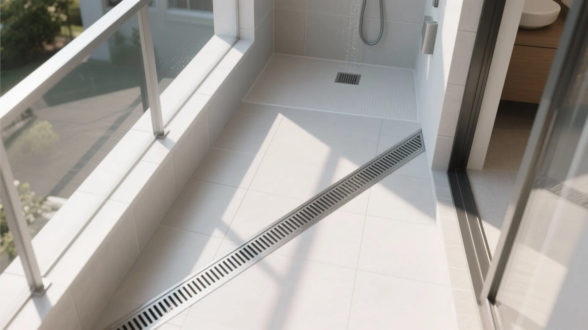 Modern outdoor shower area with white floor tiles long metal drain and white balcony railing