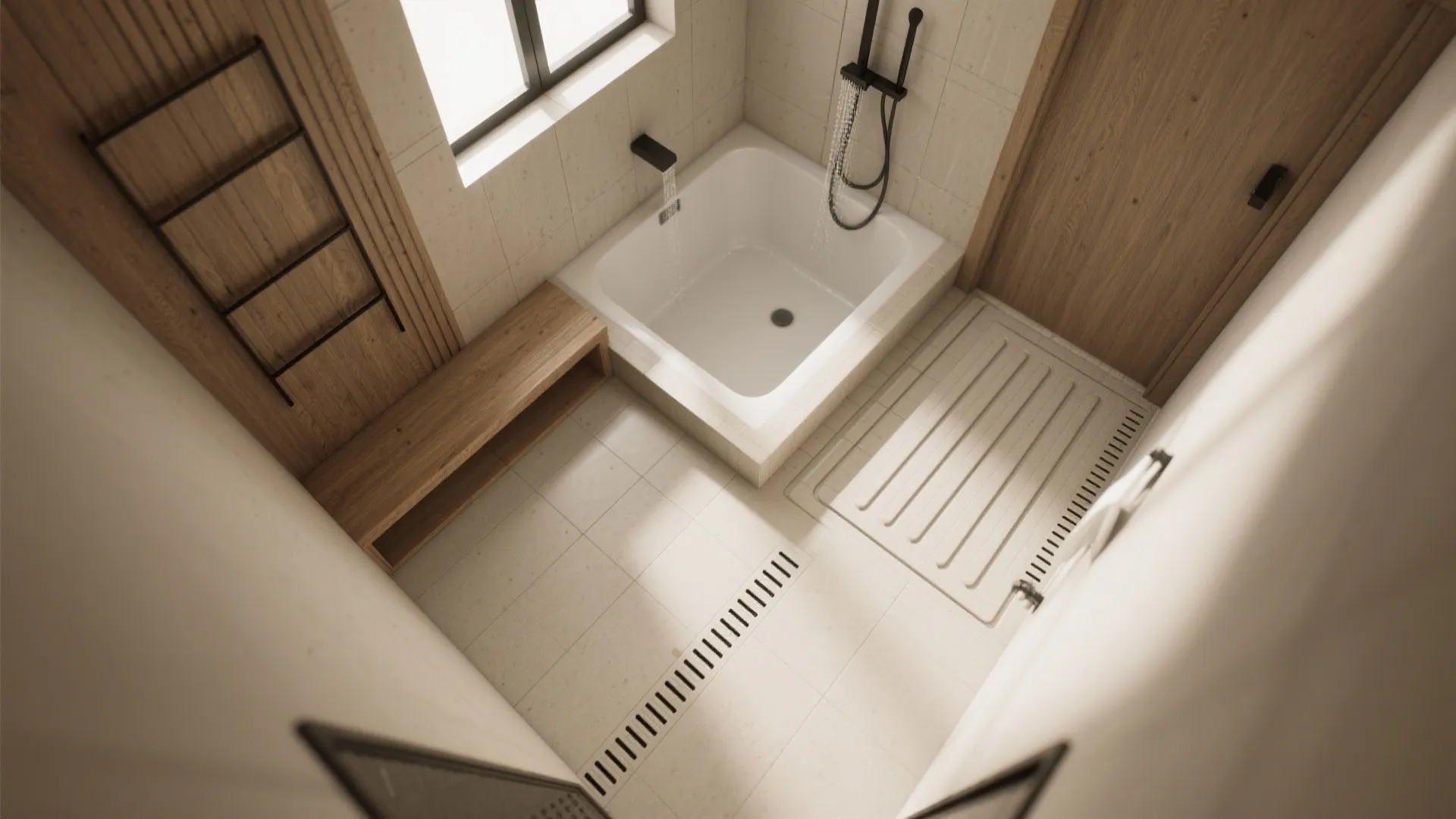 Top-down 3D layout of a compact wet room combining shower and sunken tub.