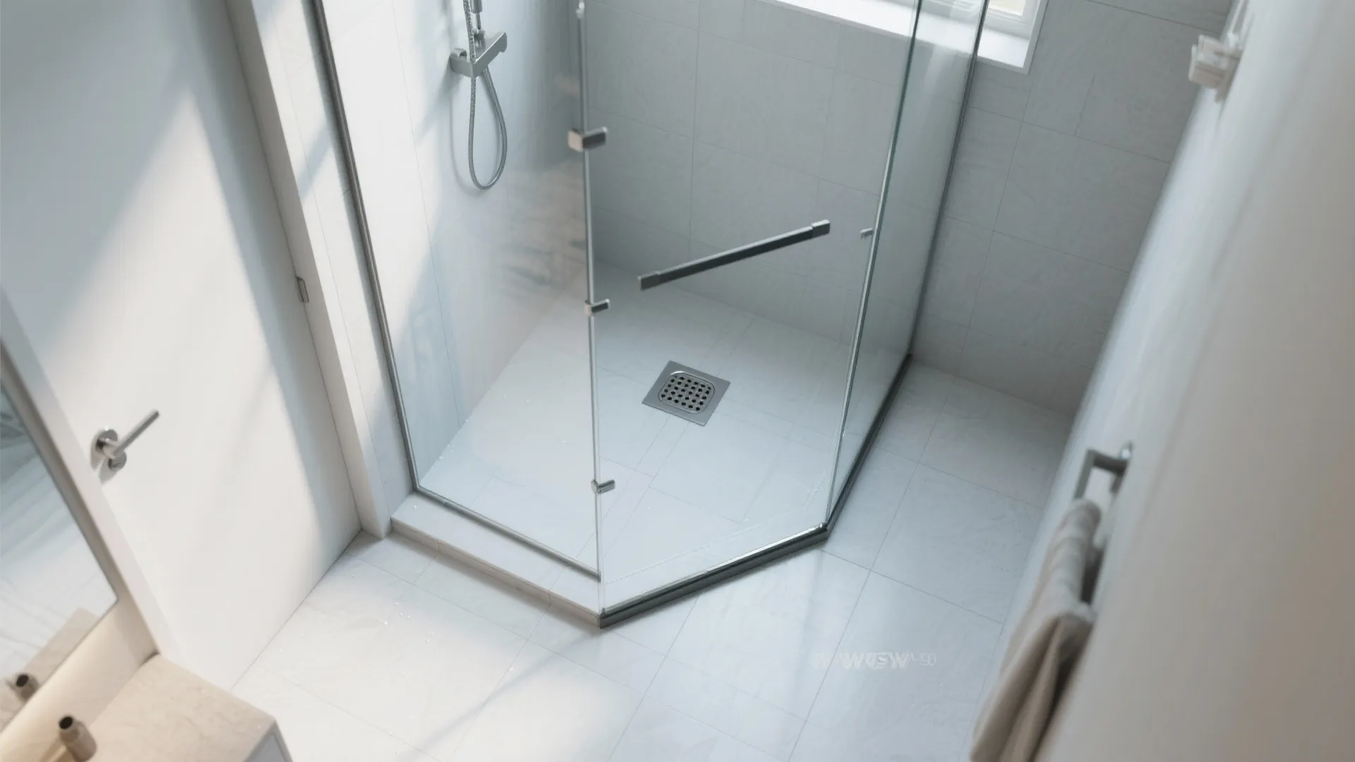 Modern bathroom shower area with glass door white floor tiles silver water tap and towel
