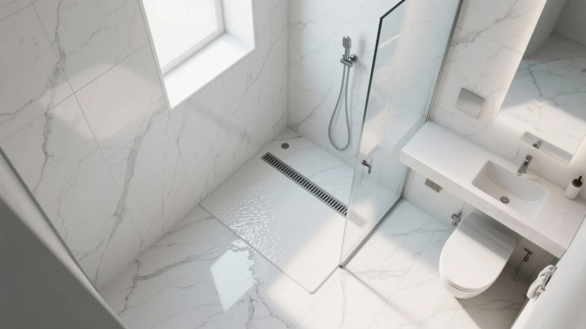 Curbless Wet Room with Continuous Marble Floor