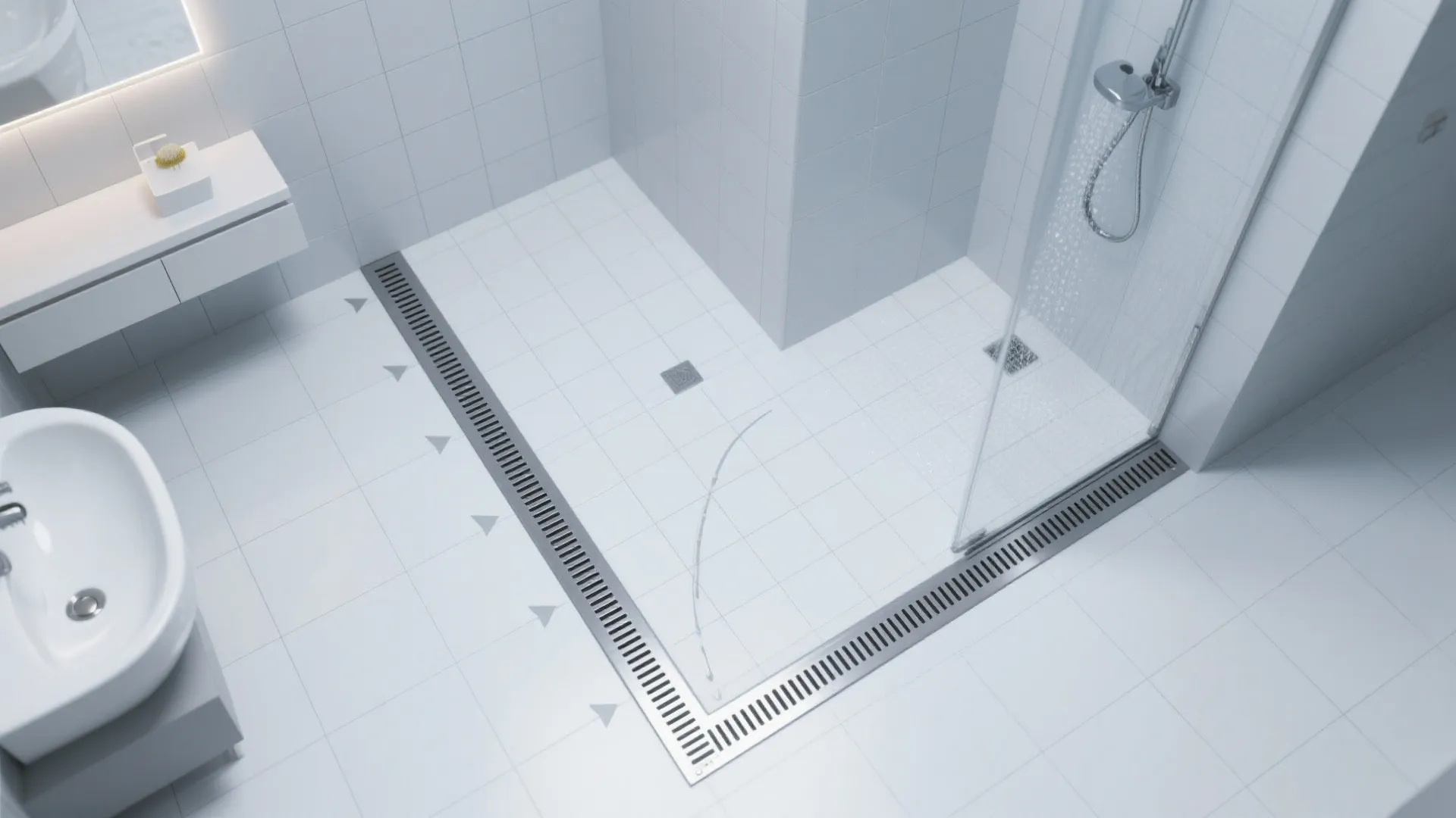 Top-down view of a curbless wet room with a perimeter channel drain.