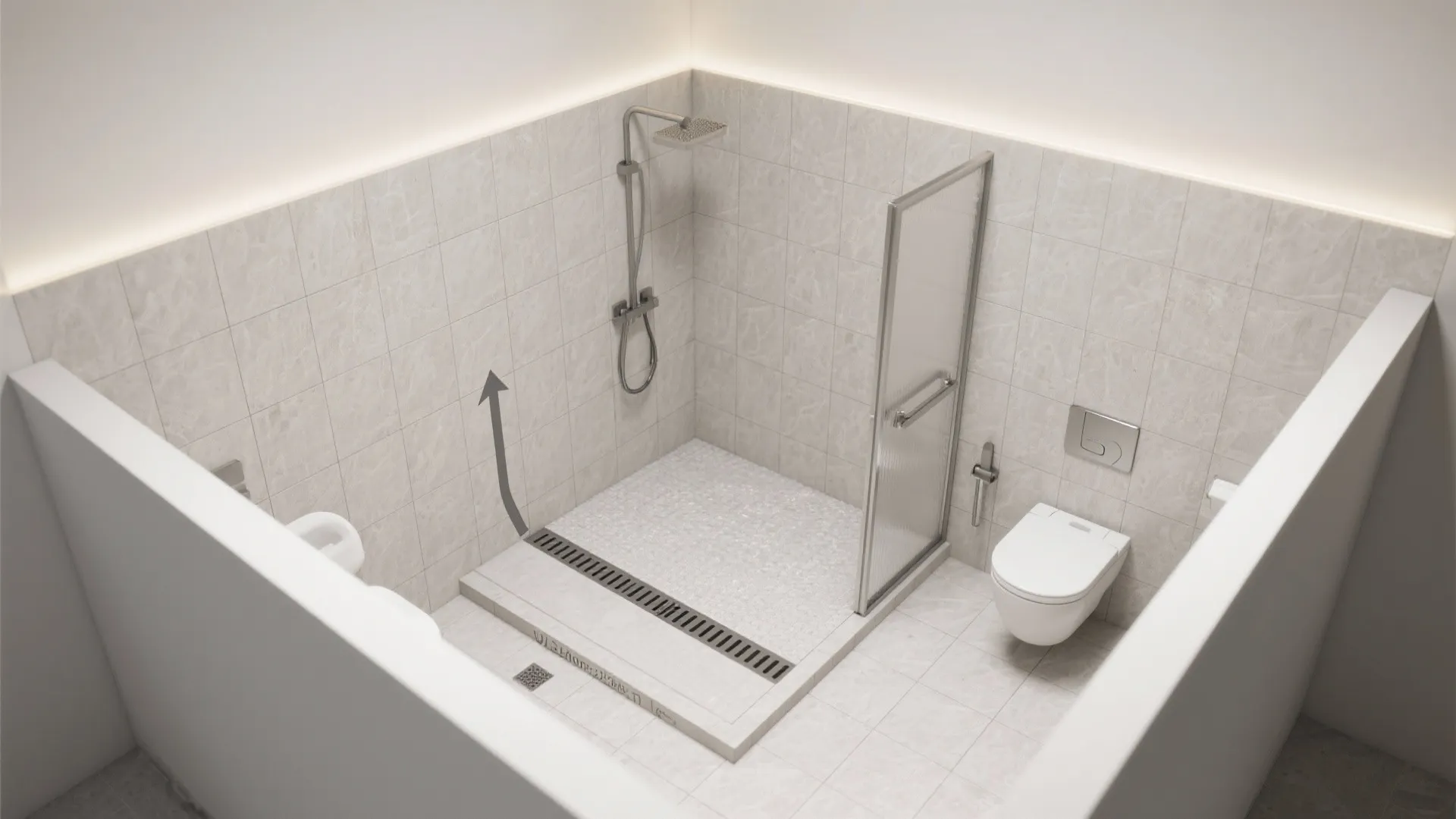 Interior design drawing of a small bathroom with shower area toilet and grey wall tiles