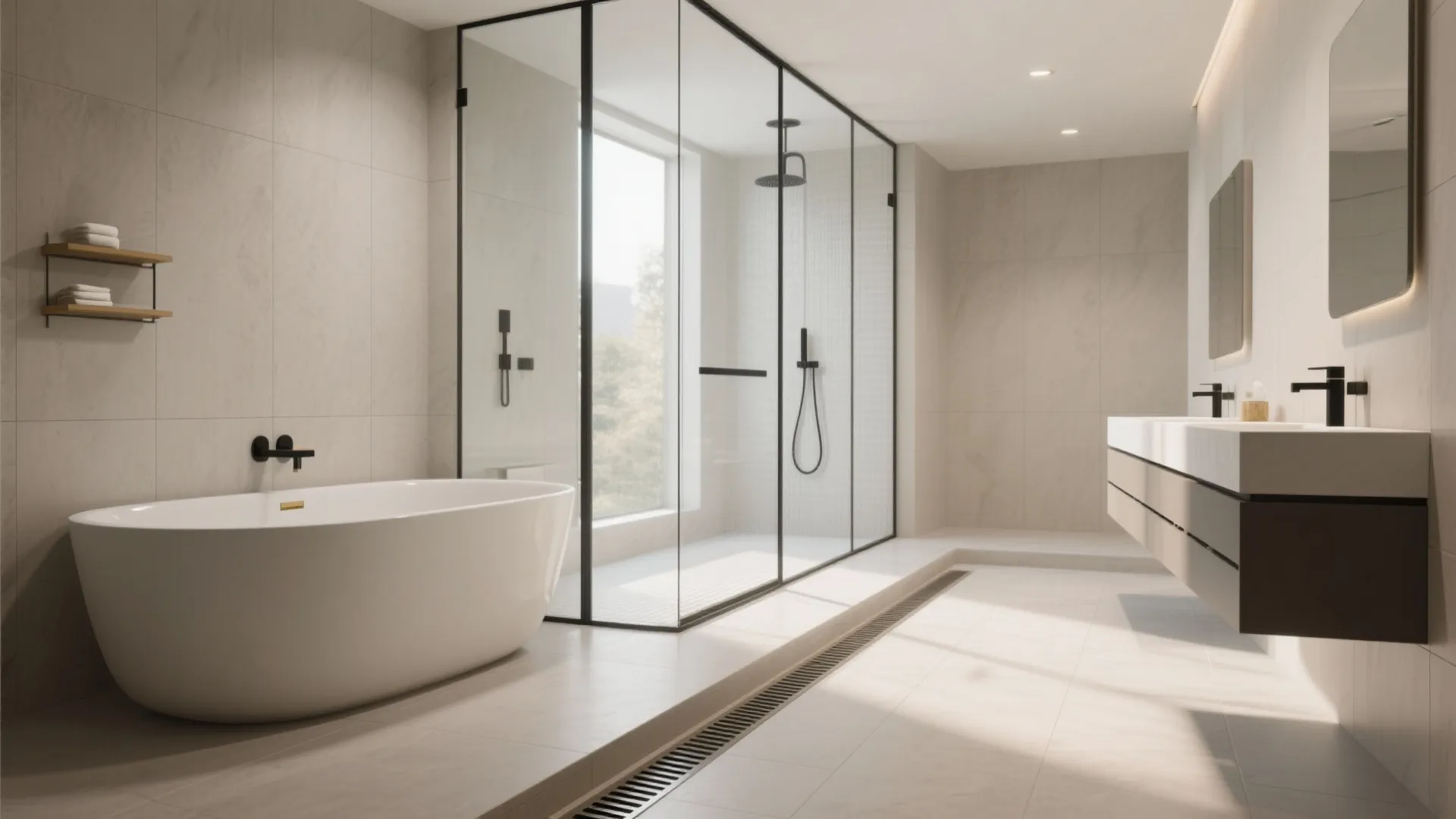 Minimalist bathroom design with white bathtub glass shower door wall cabinet mirror and natural light