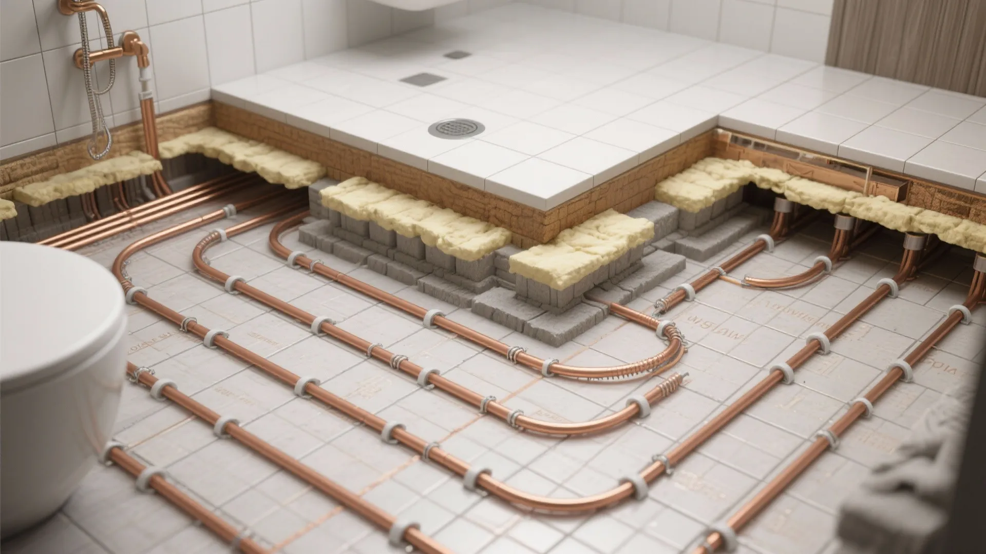 Cutaway view of underfloor heating beneath wet room tiles