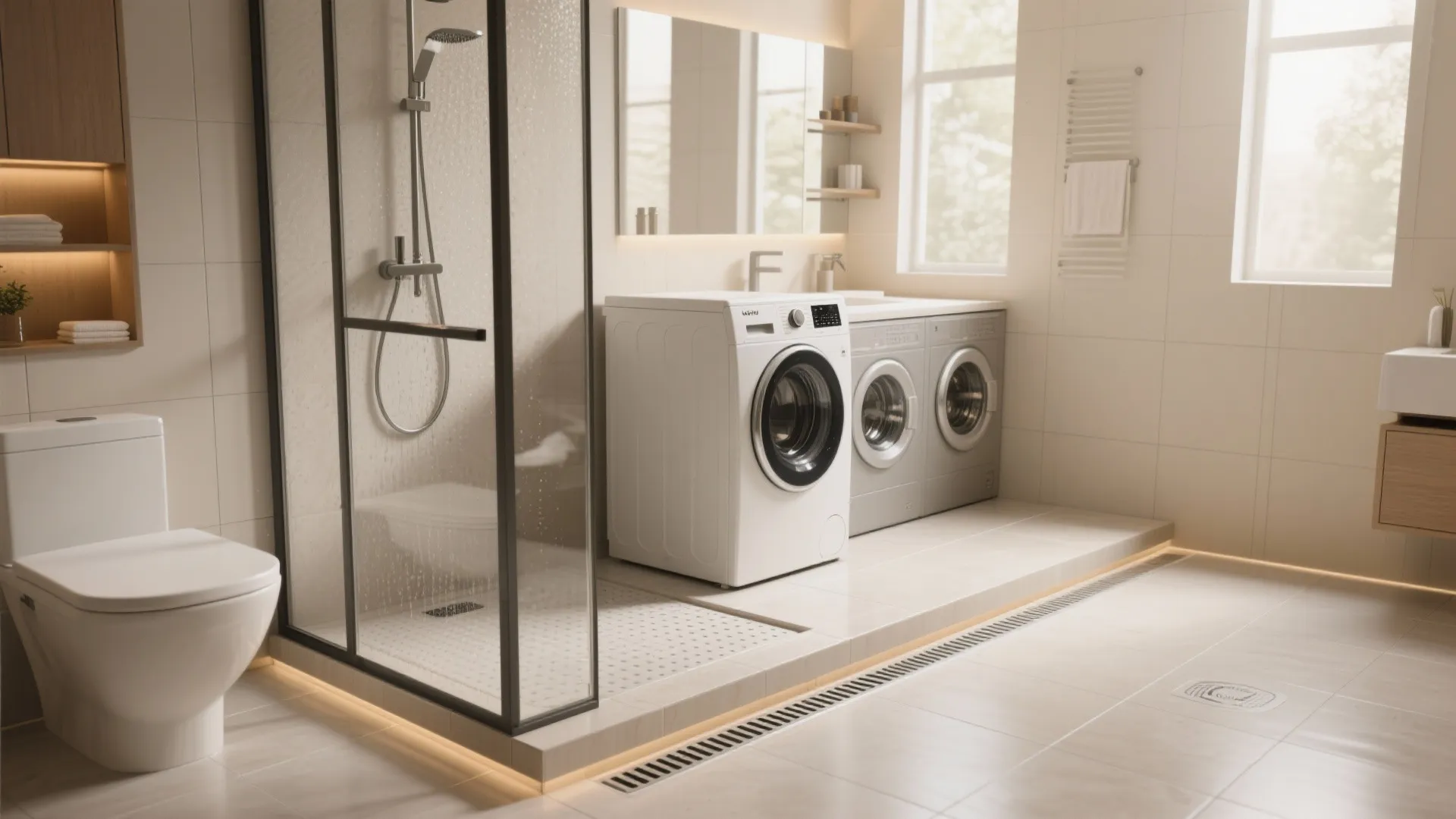 2. Wet-room wash zone with waterproofing