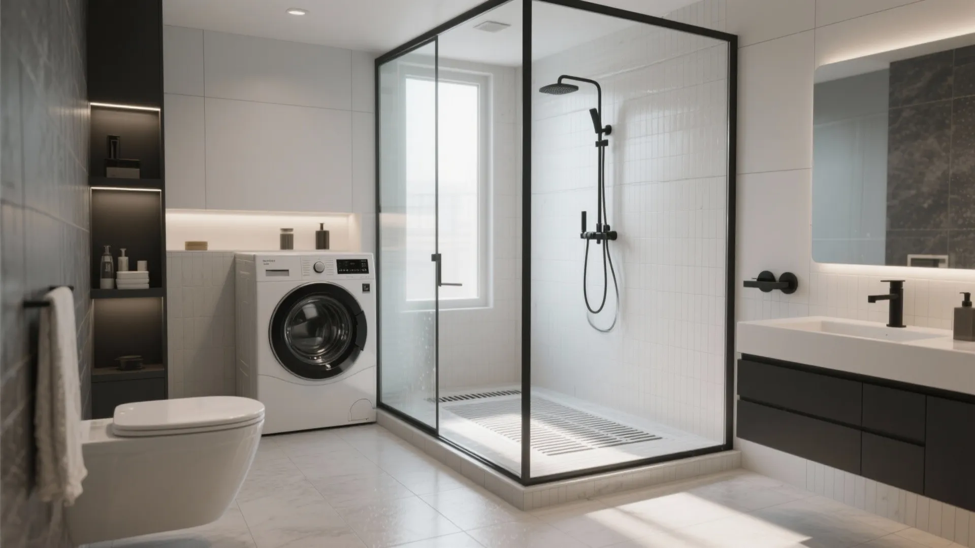 Bright bathroom with glass shower cabin white washing machine toilet and black wall light fixture