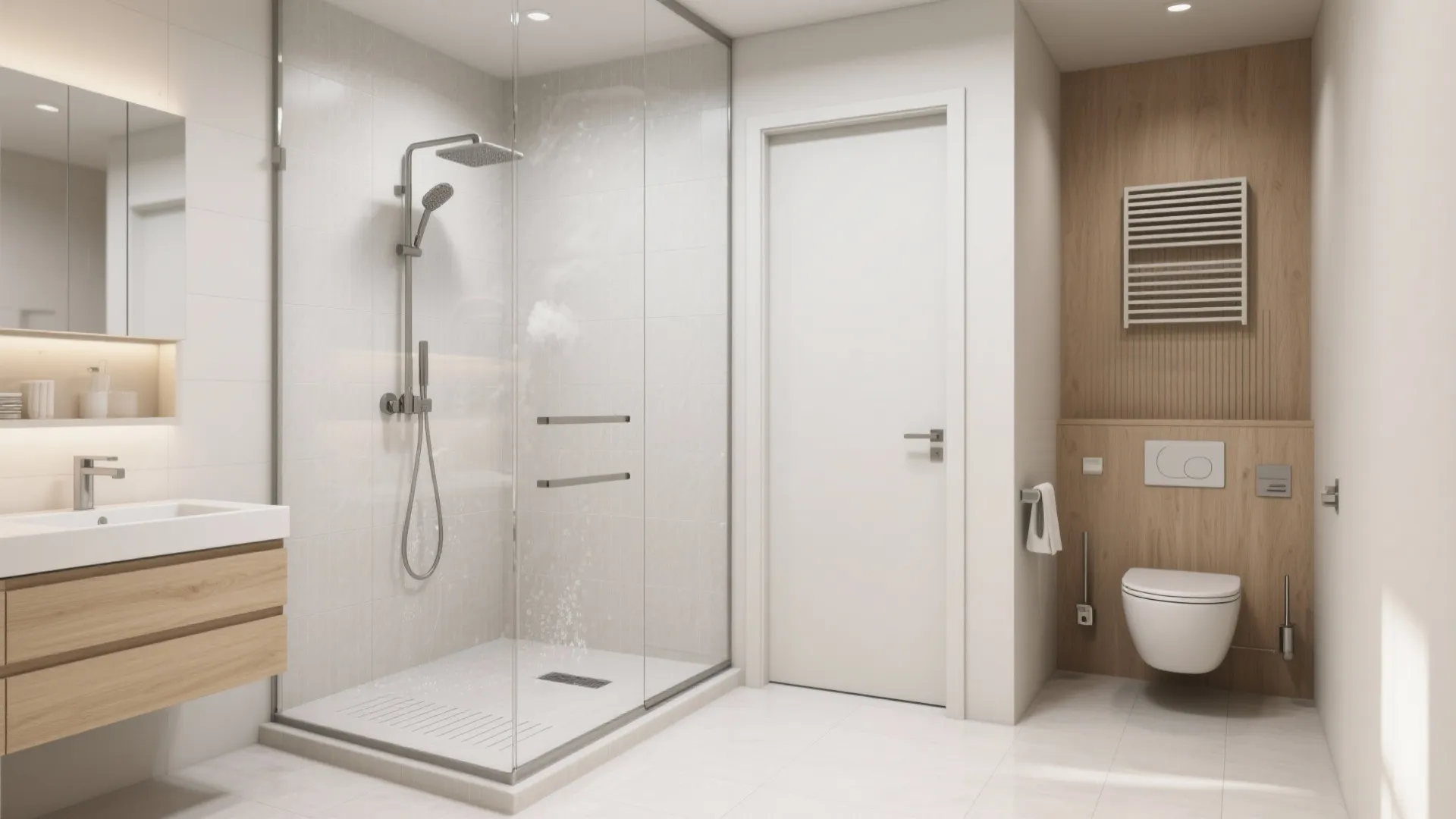 Bright modern bathroom with glass shower, wooden wall panel, white toilet, and wooden sink cabinet