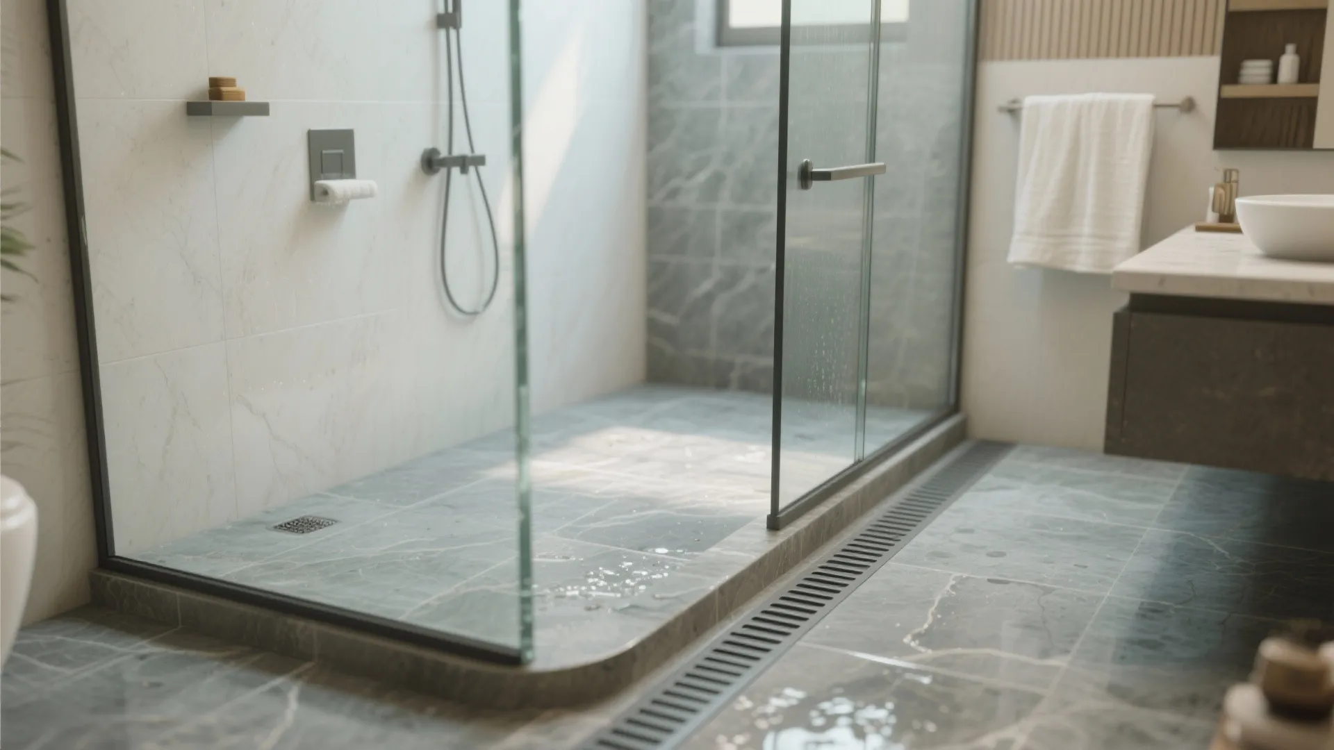 Modern walk in shower with glass doors grey marble floor tiles and white wall tiles design