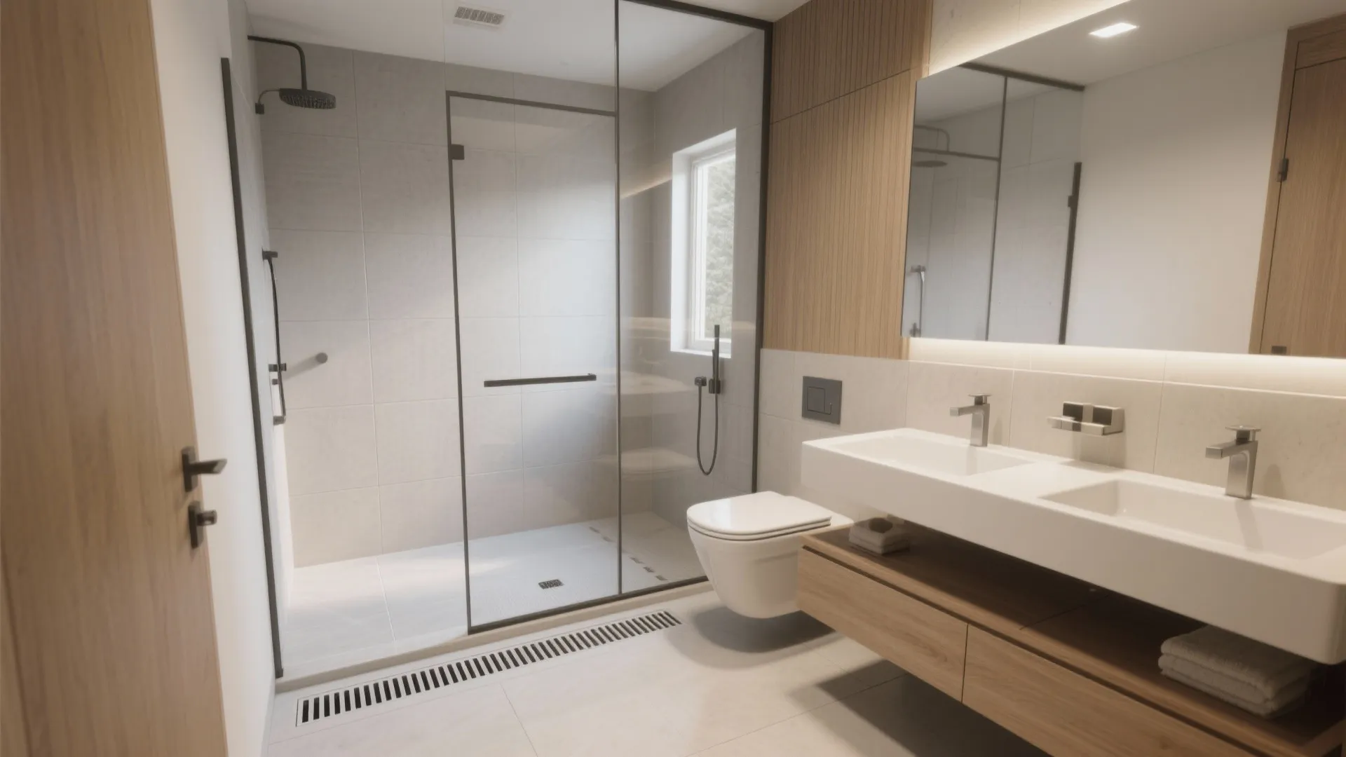 Wet room layout with zoned drainage