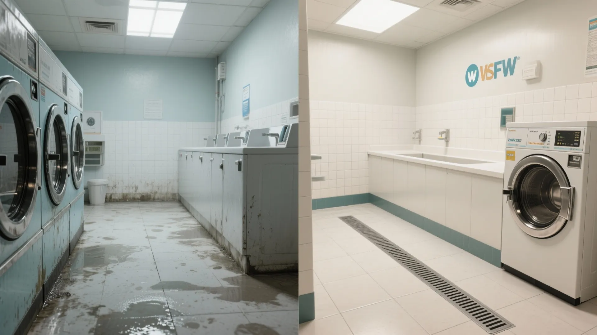 Before and after comparison of a dirty old laundry room and a clean renovated wash area