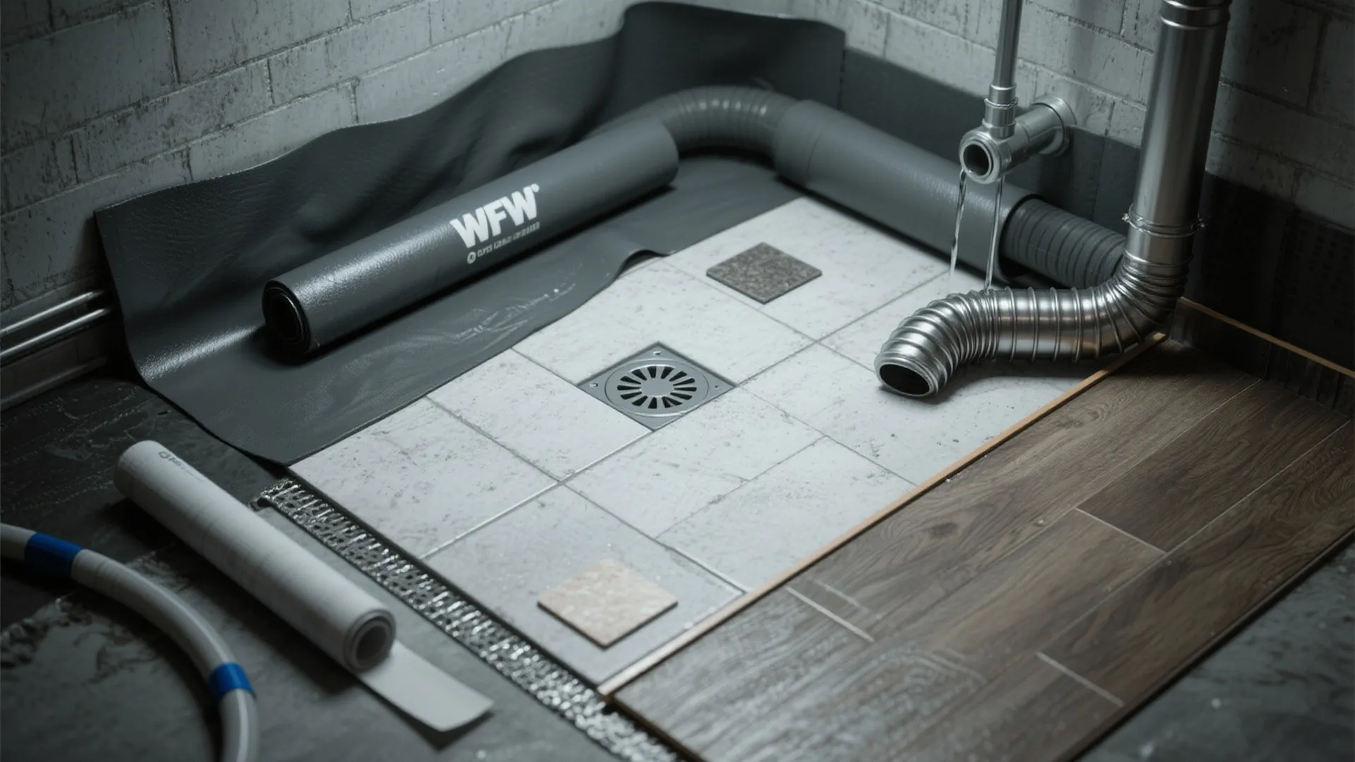Floor drain installation showing waterproof membrane pipes grey tiles and wood floor in wet area