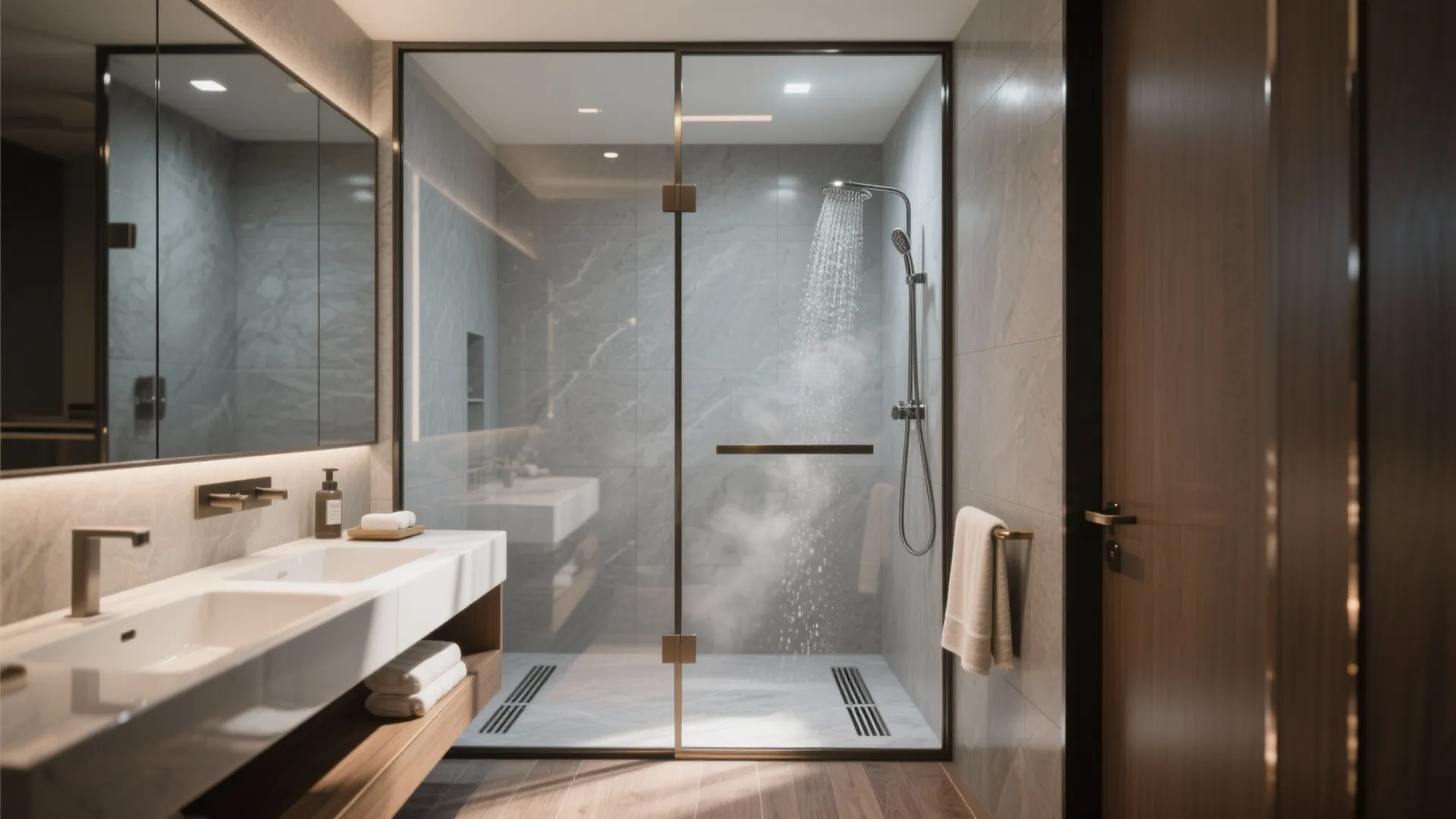 Contemporary bathroom featuring glass shower cabin with steam effect double sink and marble wall tiles design