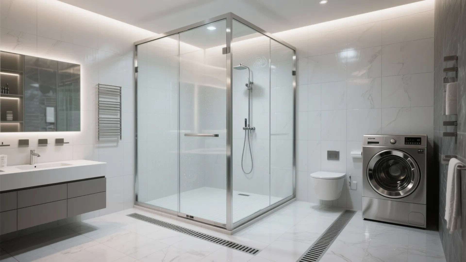 3. Wet-zone strategy: shower + laundry separated by glass