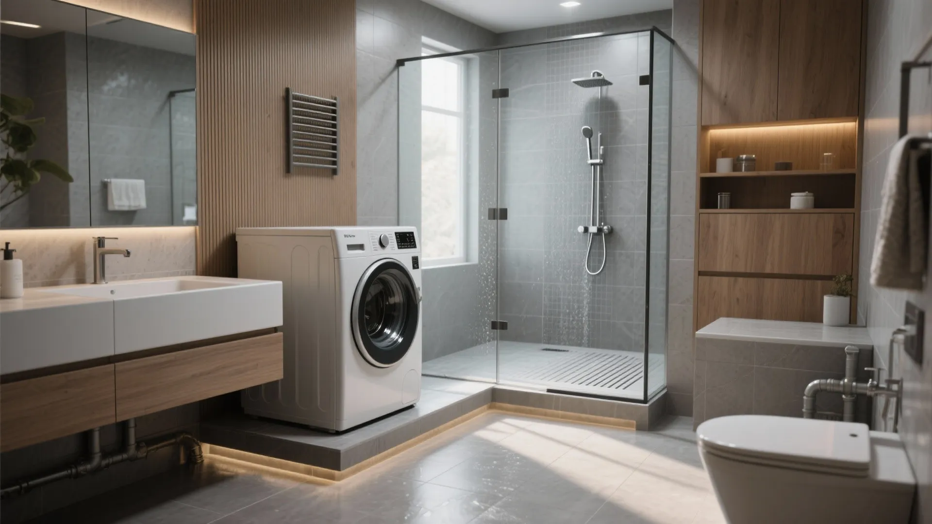 Modern bathroom interior with glass shower washing machine wooden wall panels and white vanity sink