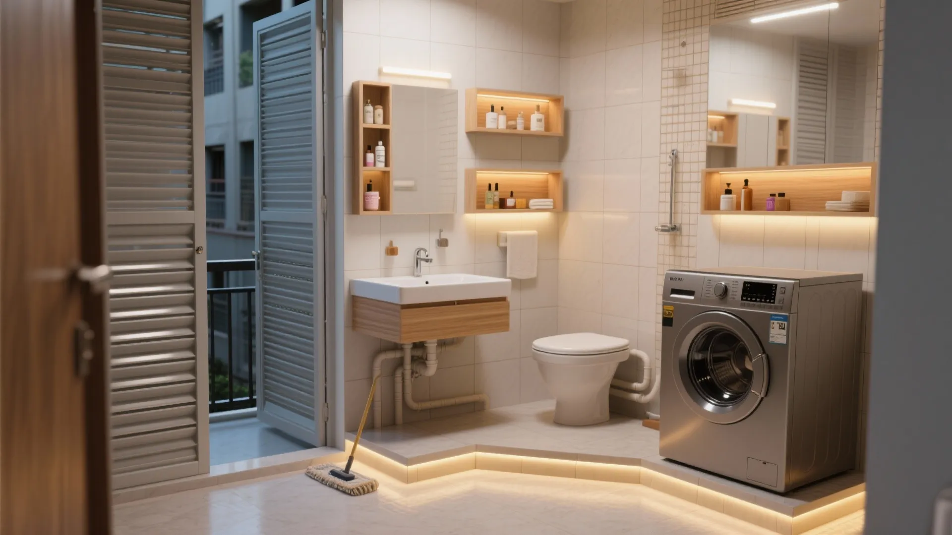 Smart storage in wet zones: raised plinths, niches, and corner shelves