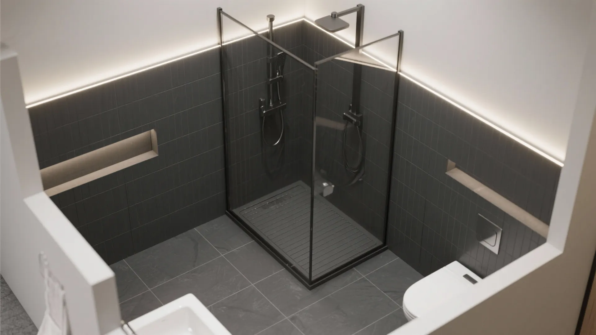 Define Zones: Walk-In Shower with Frameless Glass and Gray Tile