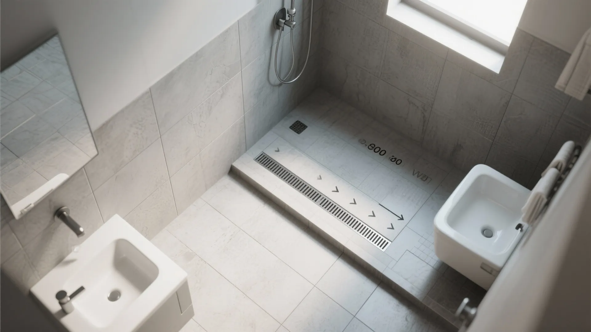 Top view of a modern grey bathroom floor with drainage system and two white sinks design