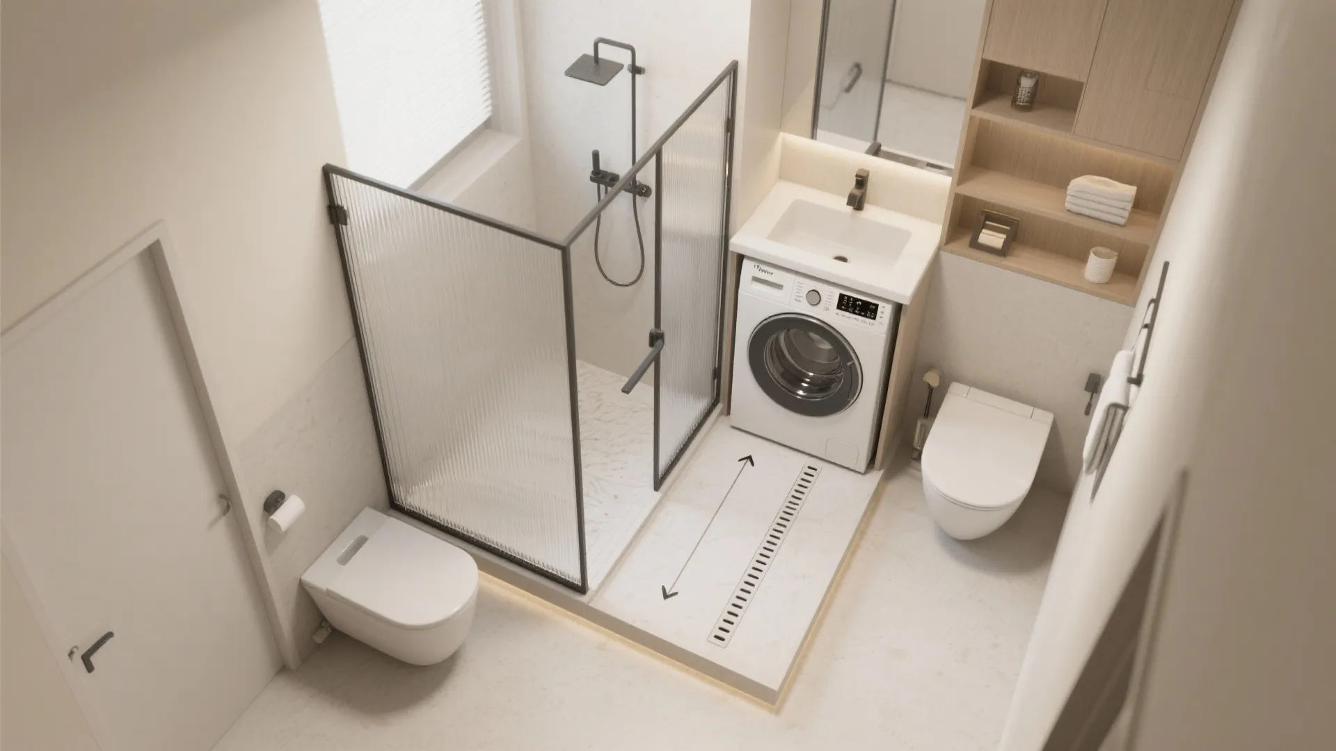 Shower-over-laundry combo behind sliding glass