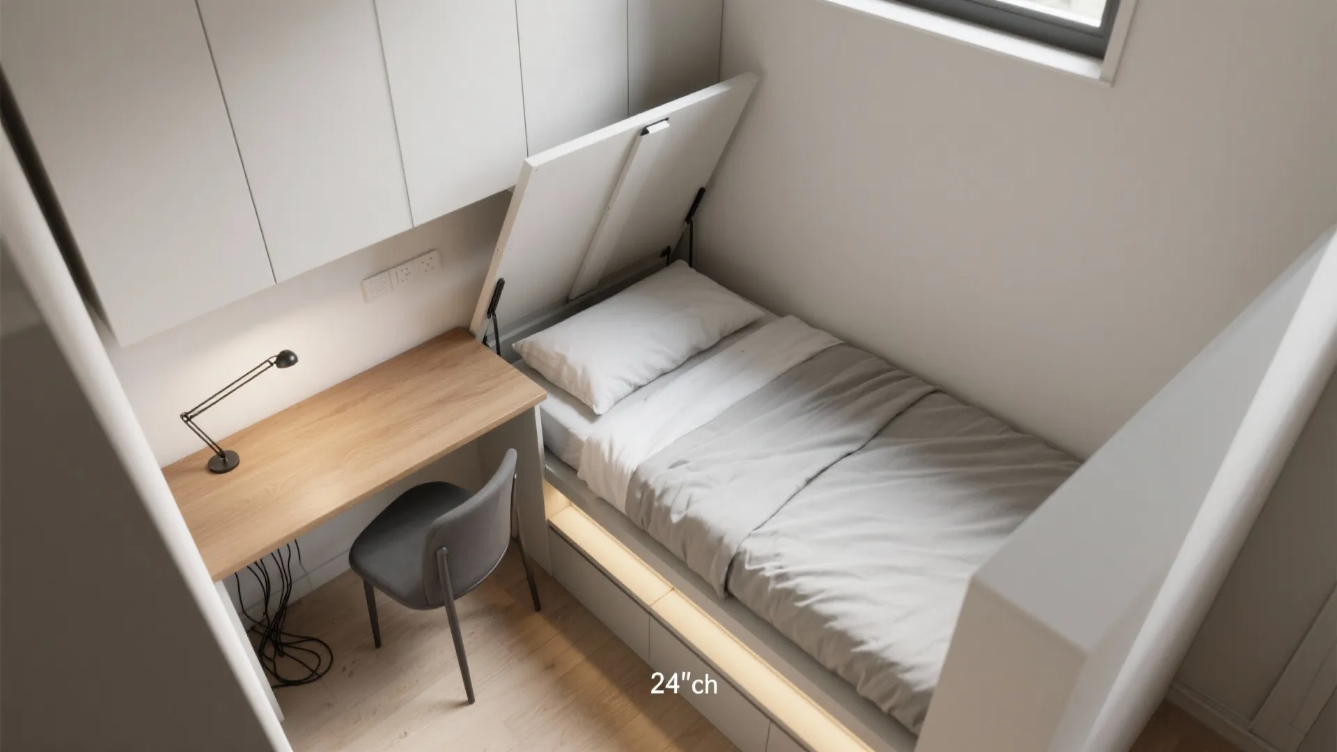 Small bedroom with single bed, wooden desk, grey chair, white cabinets, and warm soft lighting
