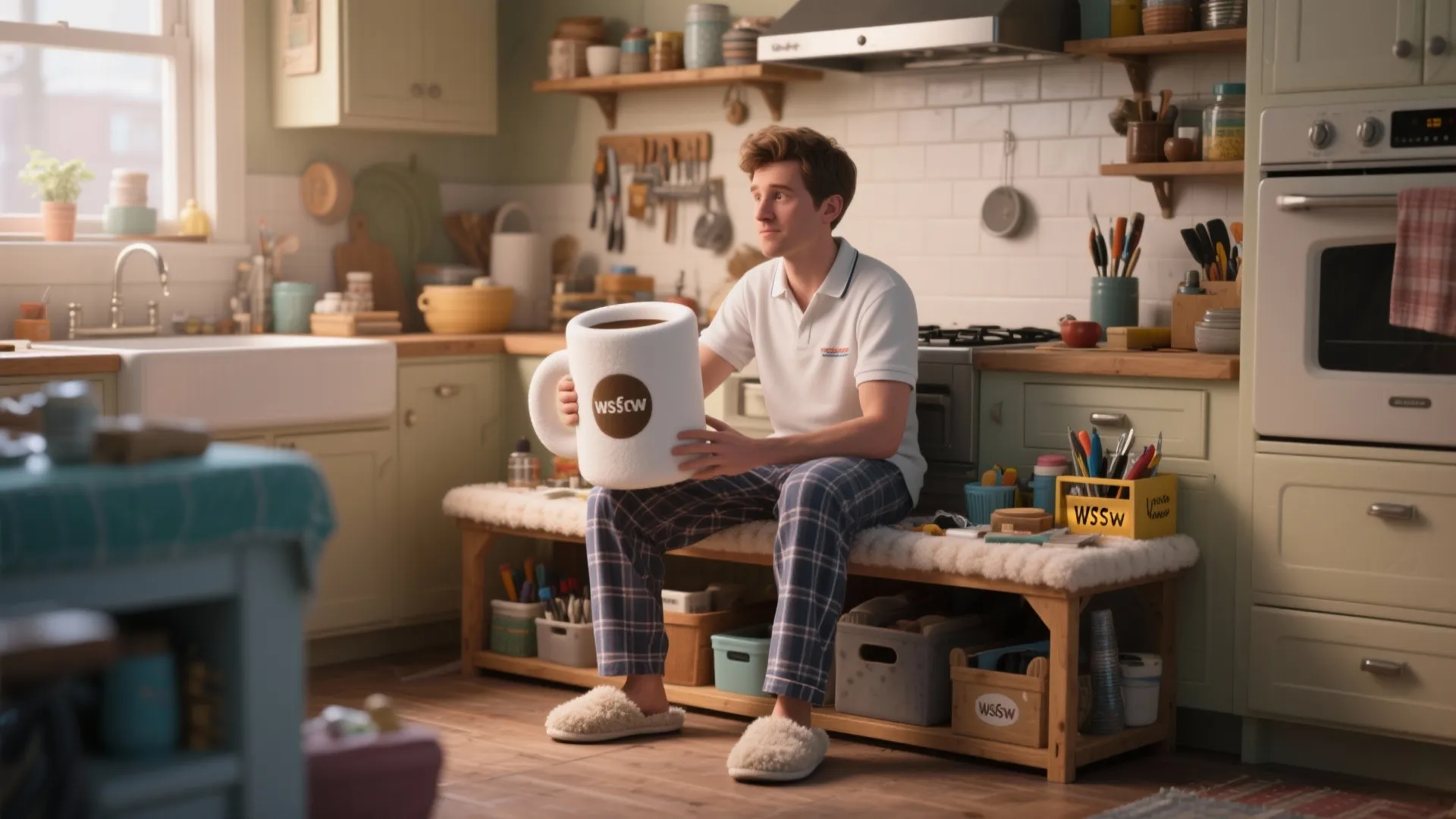 3. Work-From-Home Homer: Slippers, Pajama Pants, and a Mug Prop