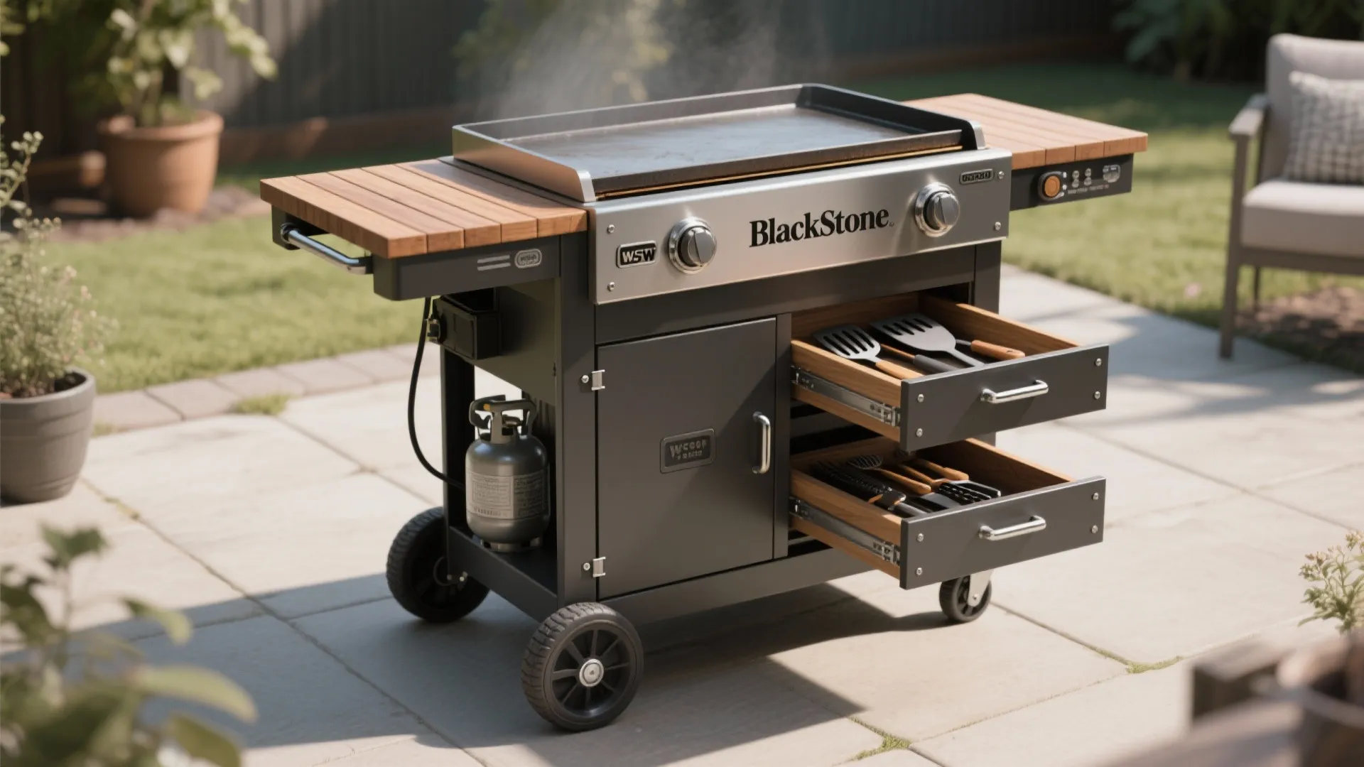 Outdoor cooking station with metal griddle top wooden side tables and open drawers holding spatulas