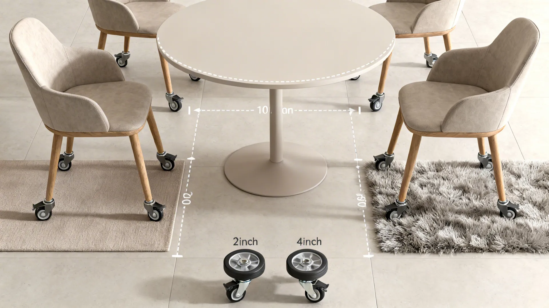 Top-down layout showing caster sizes, clearances, and rug effects for wheeled dining.