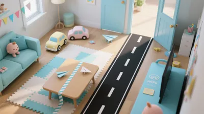 Playful Children’s Room with Road Rug and Pastel Decor