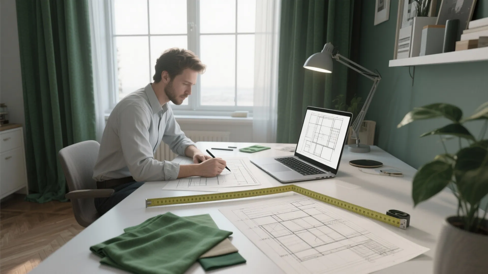 Man drawing room layout on paper with laptop and tape measure in green home office