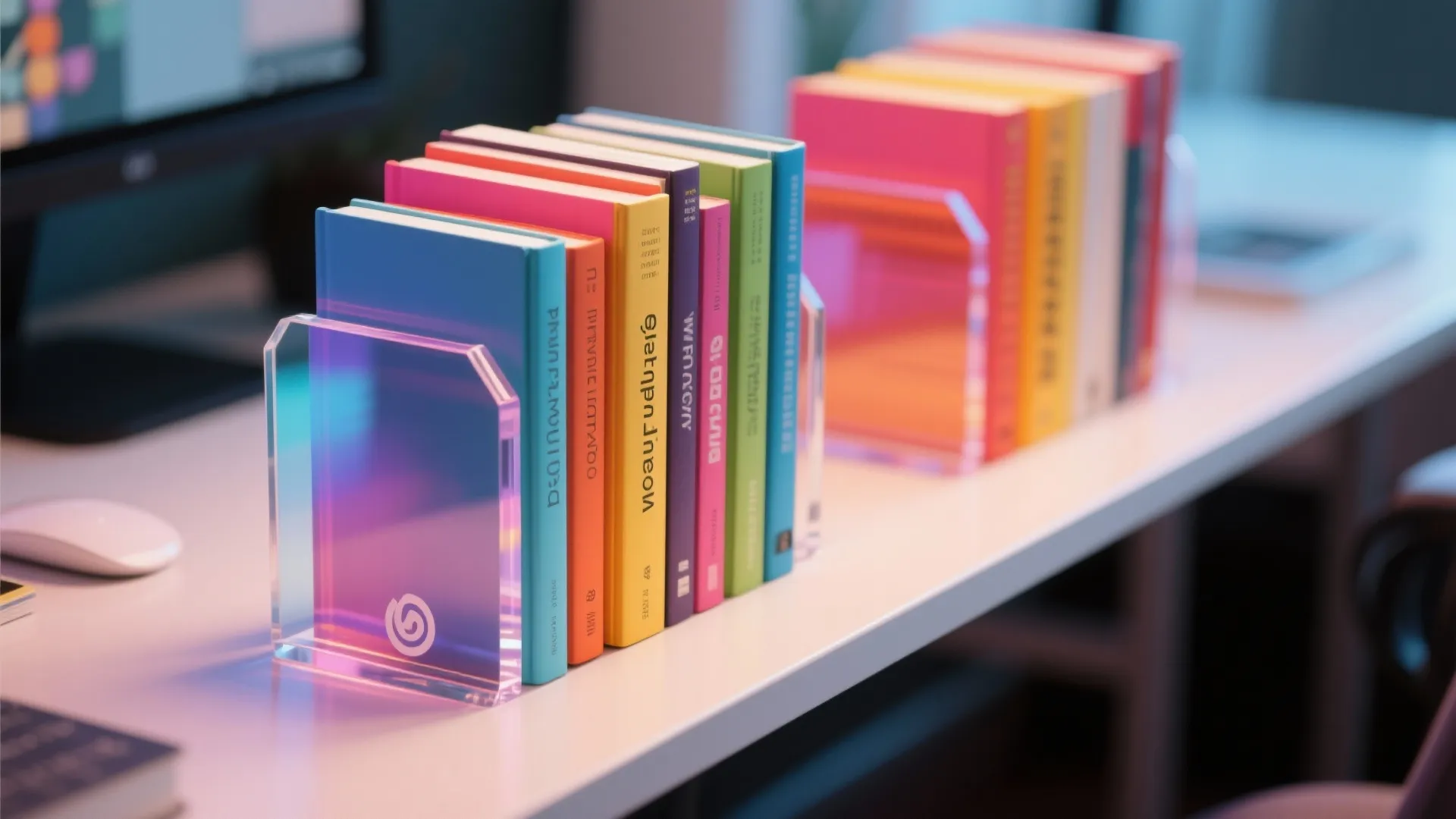 Colorful books held by clear acrylic bookends on white desk with keyboard and computer mouse