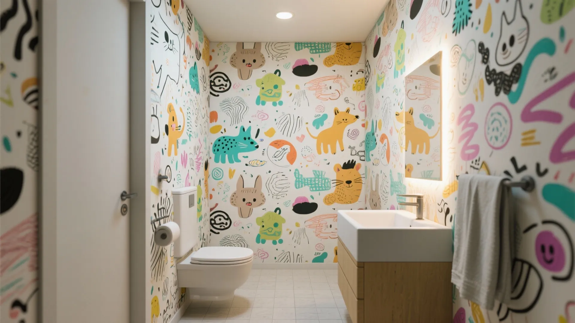 Modern bathroom featuring colorful animal cartoon wallpaper white toilet wooden vanity sink and a bright mirror