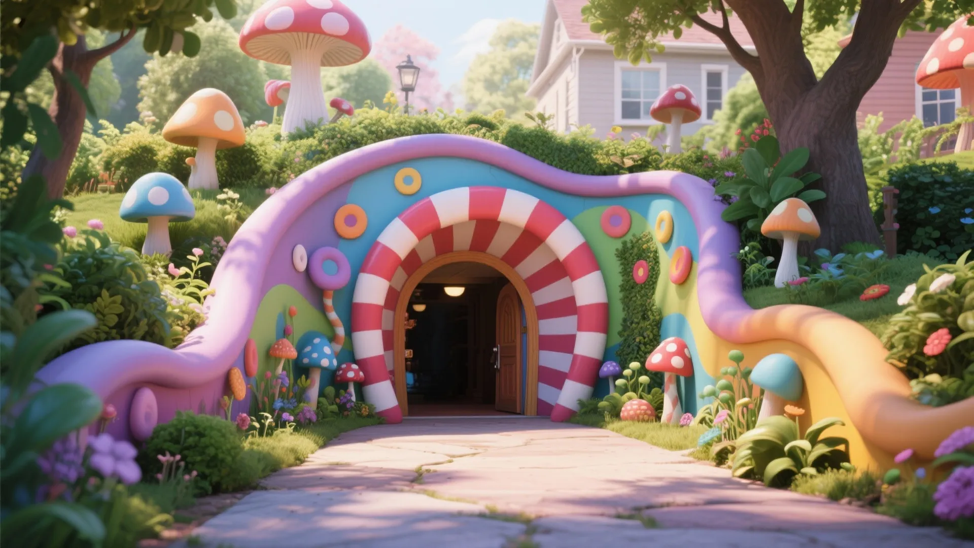 Colorful fairytale garden entrance built into a hill with large mushroom decorations and rainbow path