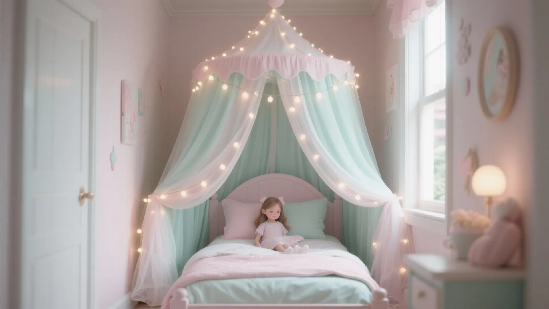 Girls bed featuring a light green net canopy with small glowing lights in a pink room