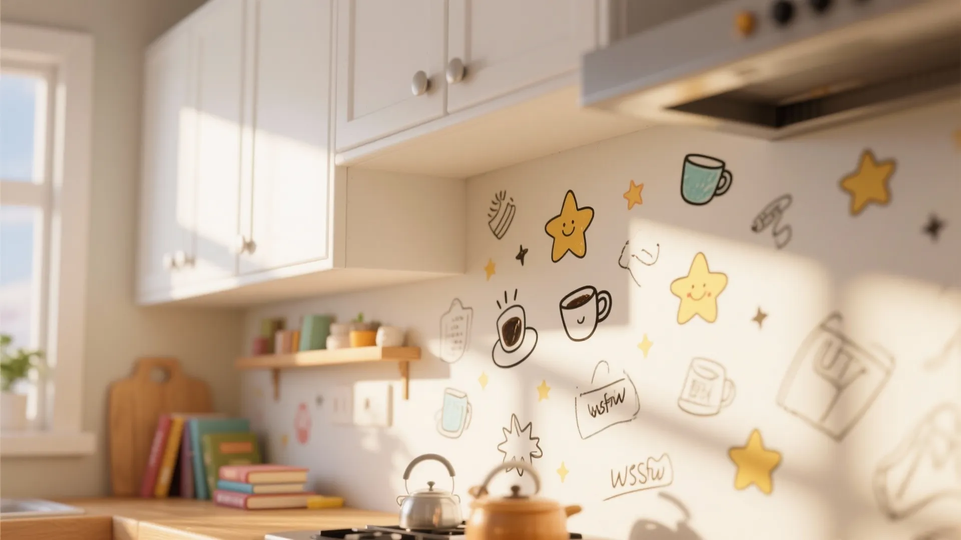 White kitchen cabinets and wooden countertop with kettle featuring wall doodles of stars and coffee
