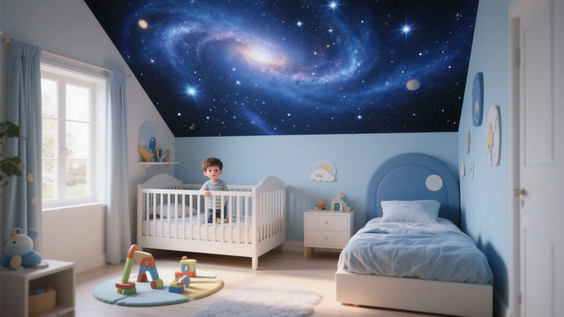 Childrens bedroom with blue walls featuring a large starry galaxy mural on the slanted ceiling