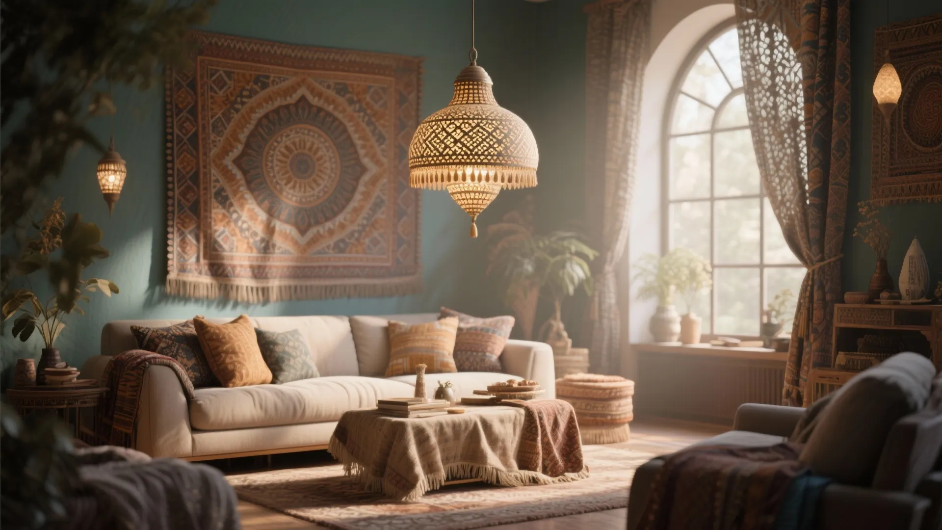 Bohemian living room with Moroccan-inspired statement pendant