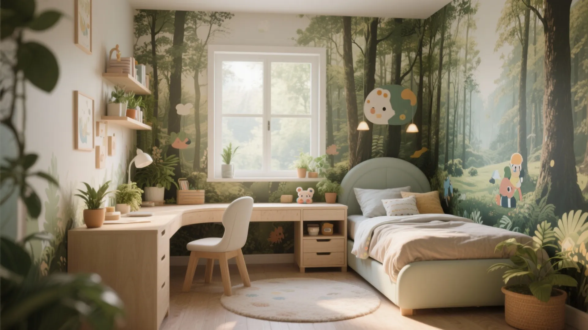 Small bedroom with panoramic forest wallpaper and cozy furnishings