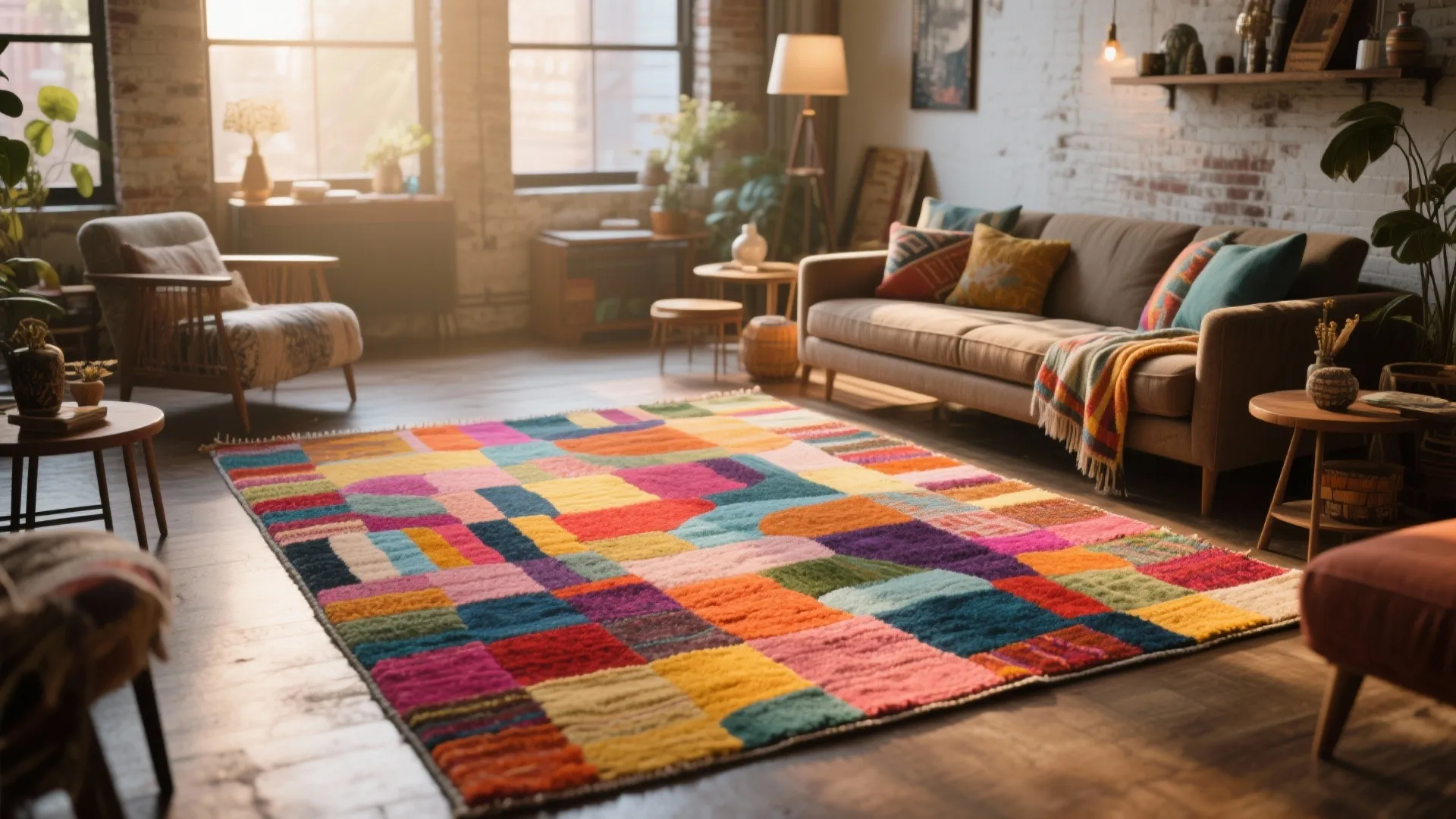 Multicolored abstract statement rug in a living room loft