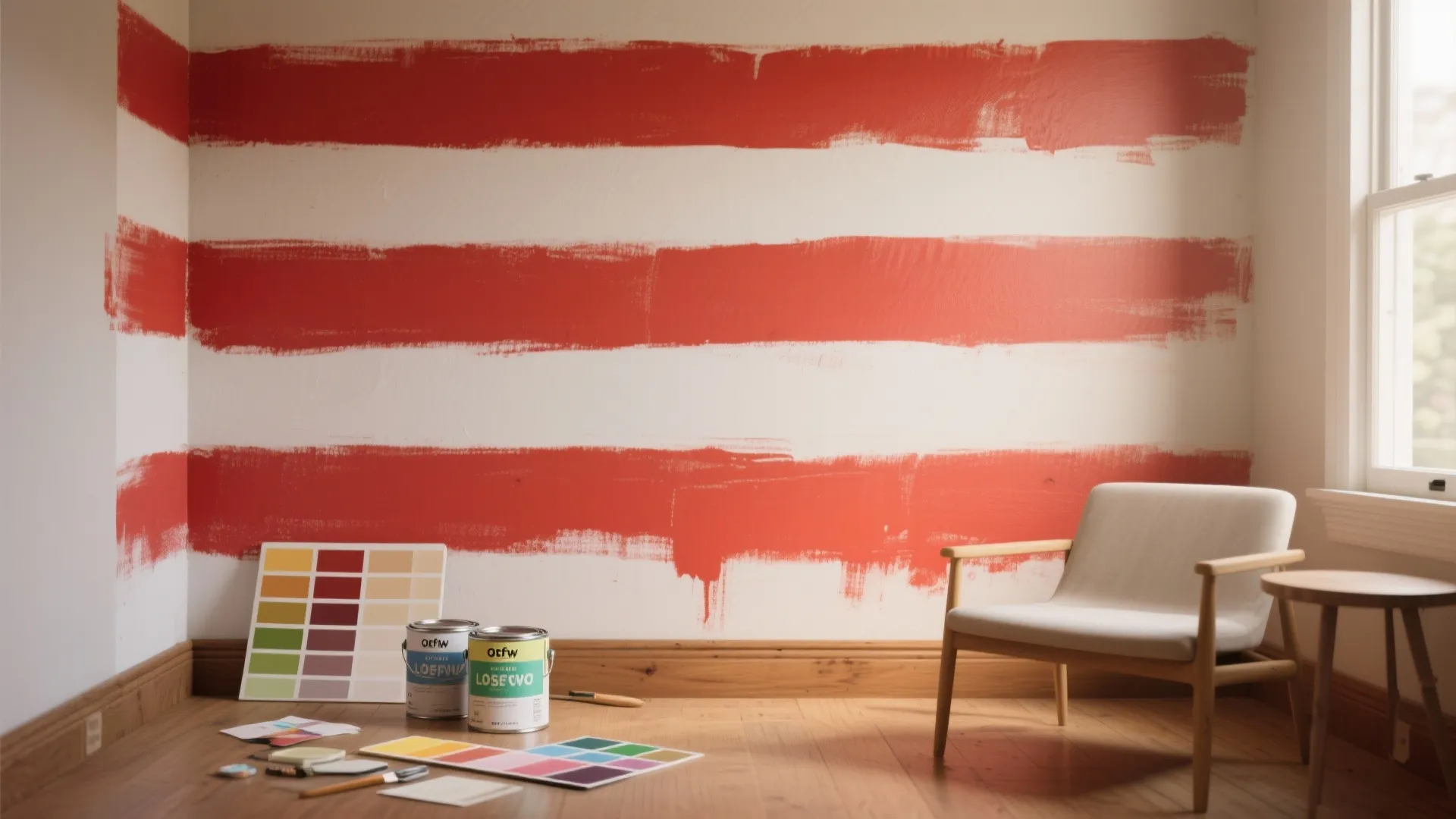 Interior room with red stripes painted on white wall plus paint cans and wooden chair
