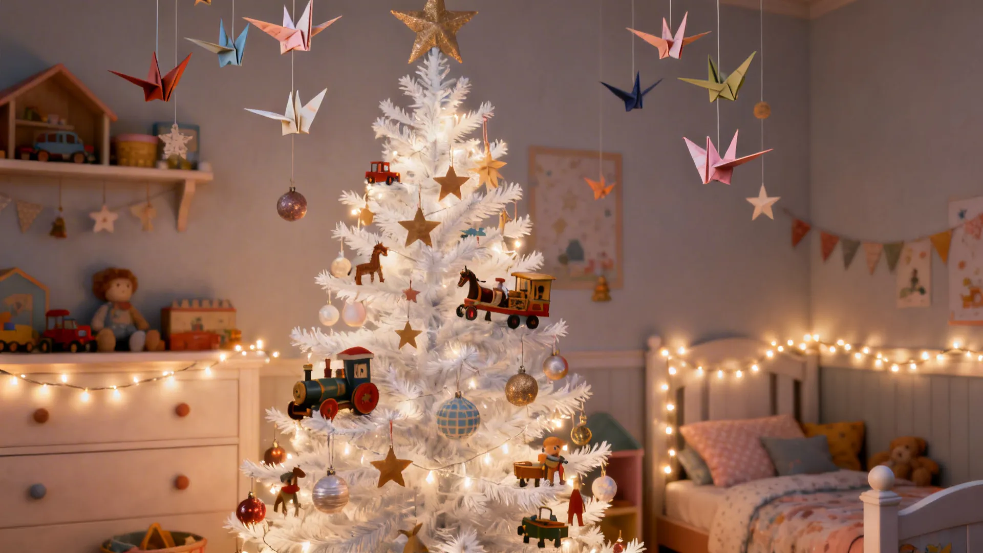 Slim white tree with vintage toys and paper crafts creating a whimsical children's-room display.