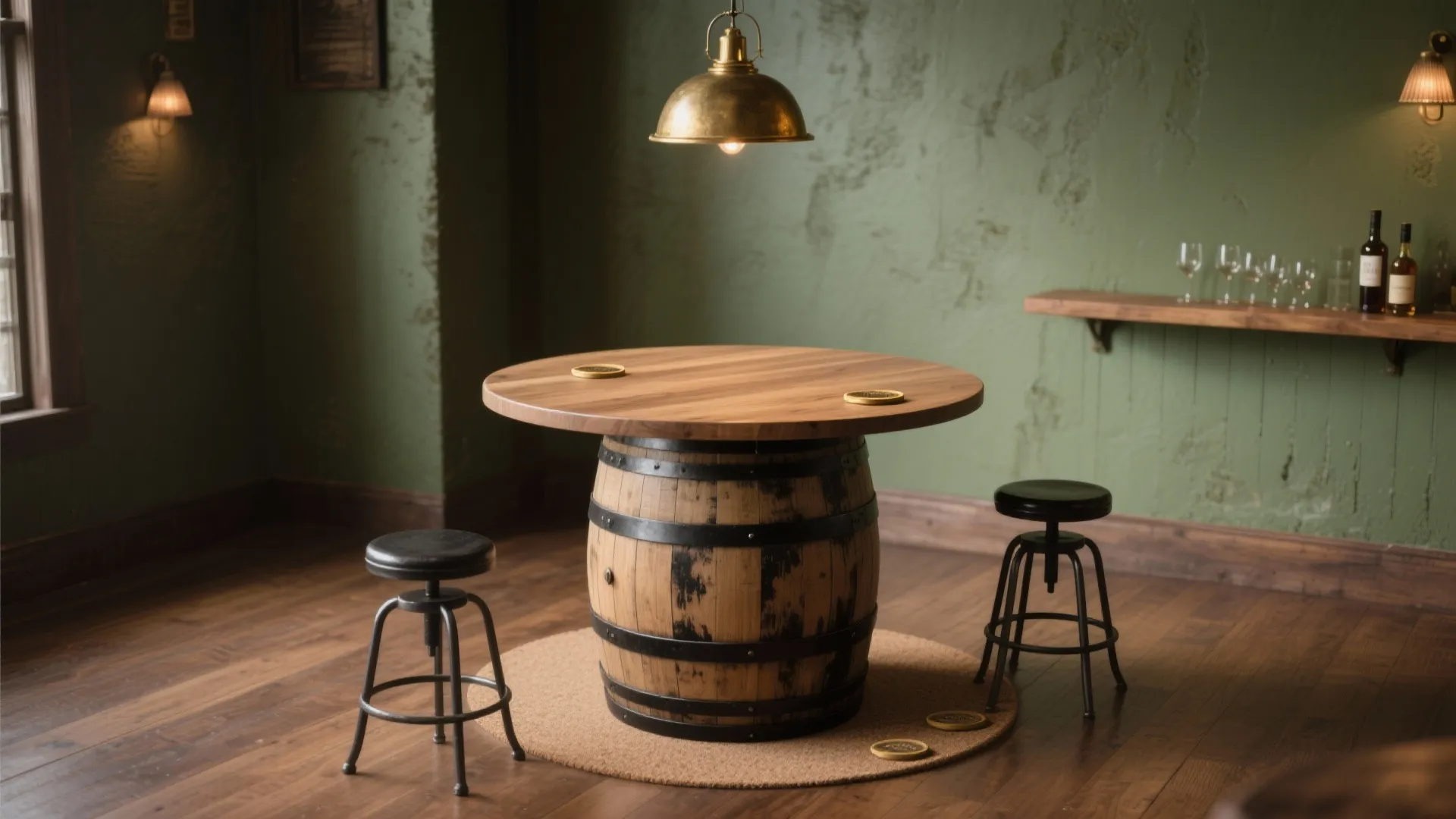 Rustic wooden barrel table with round top, two black stools, and gold hanging ceiling light