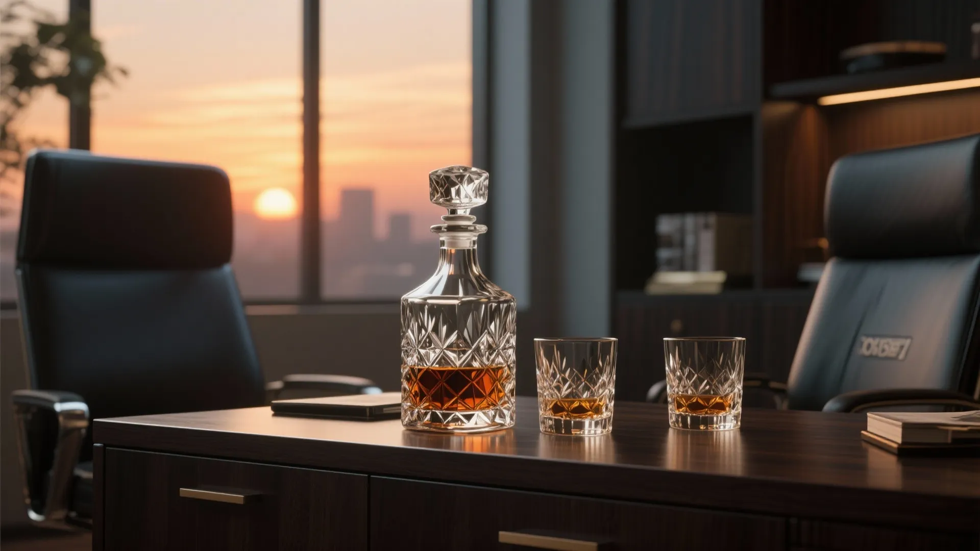 Cut crystal whiskey decanter and glasses on wooden cabinet