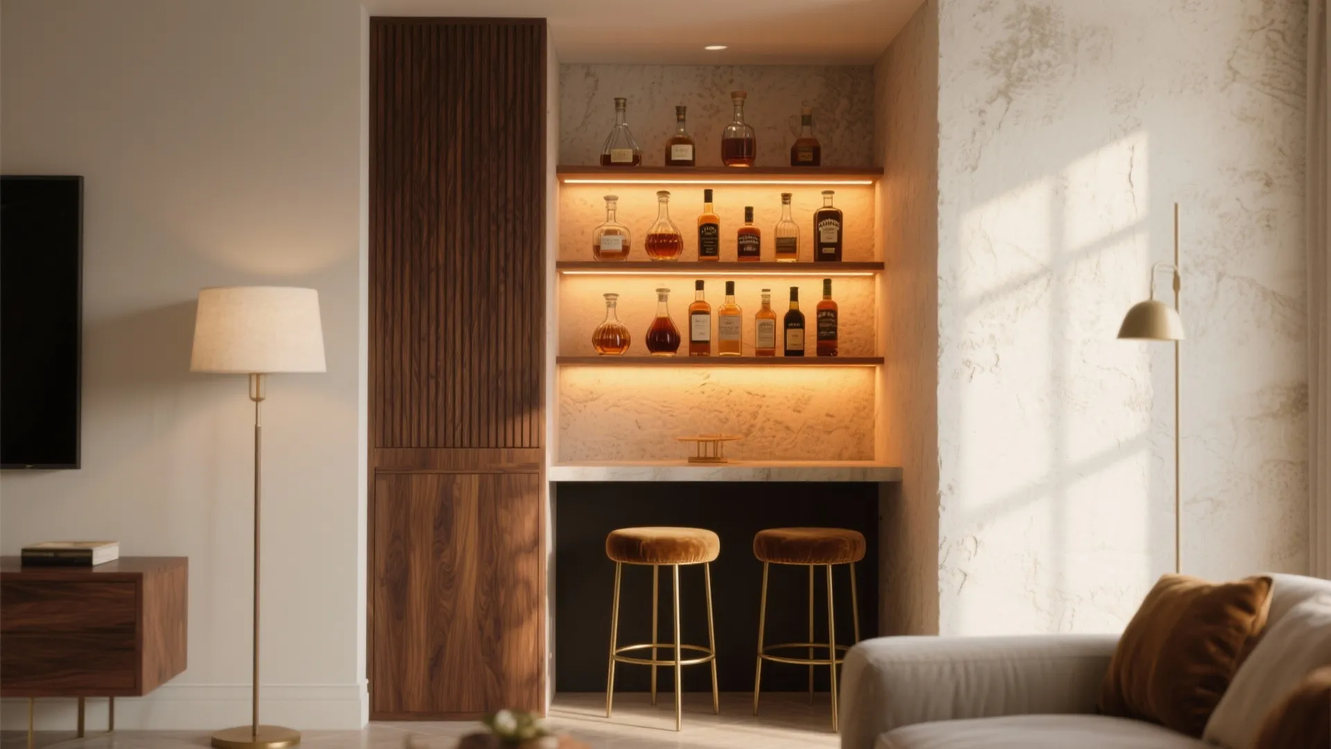 Home bar area with wooden cabinet glass bottles on lighted shelves velvet stools and floor lamp