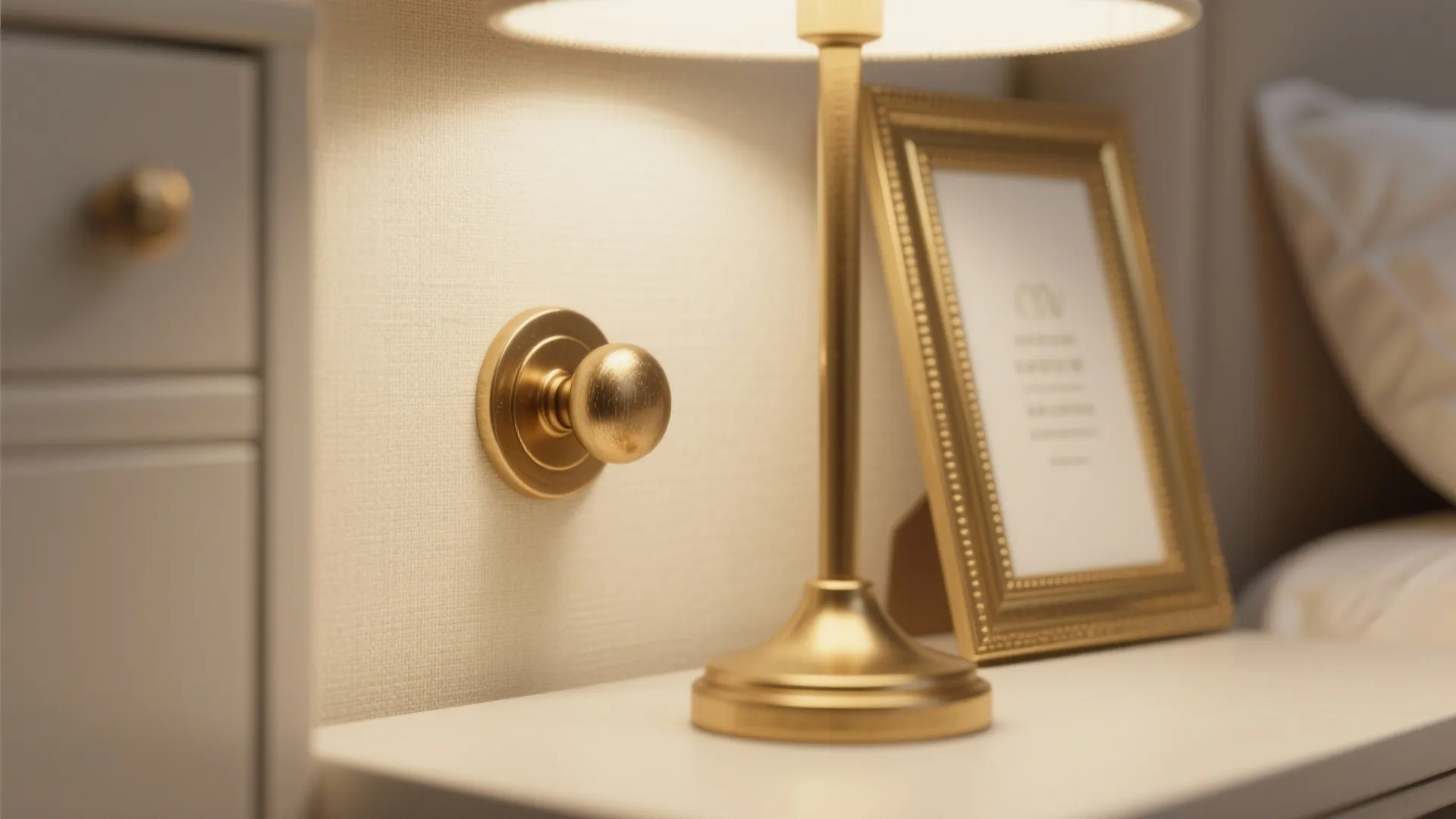 Close up of gold wall light and gold table lamp on a white bedside cabinet