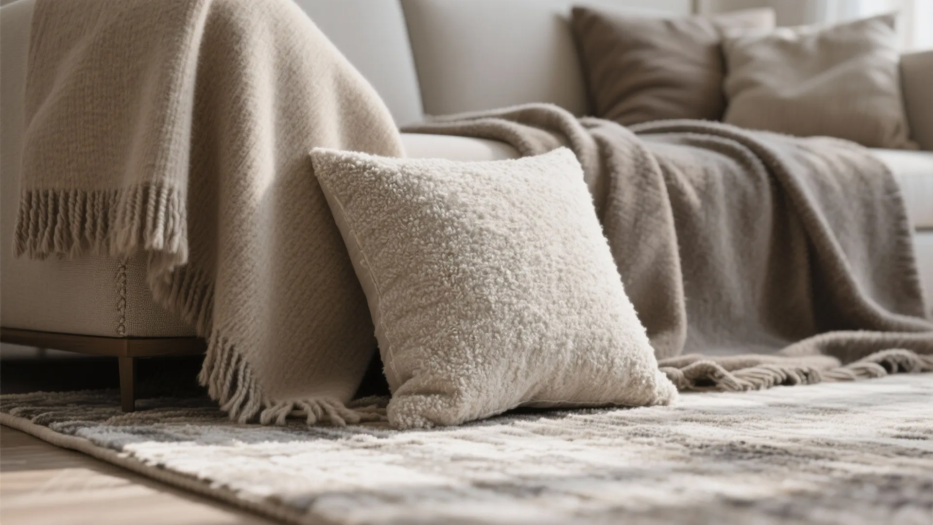 Macro of cashmere, bouclé, and silk-wool rug textures bathed in soft daylight.